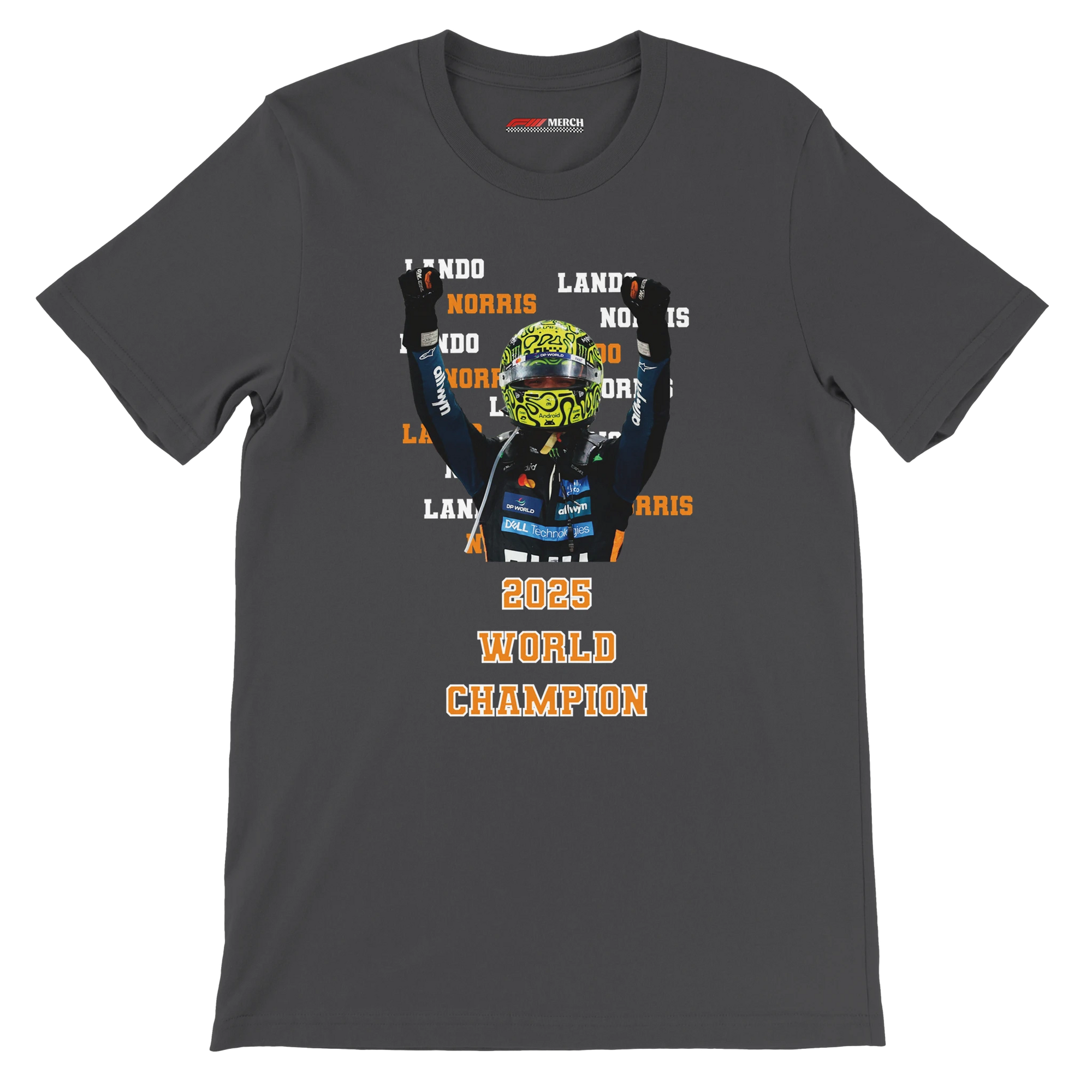 f111 merch dark-grey color t-shirt2 with lando-norris branding.