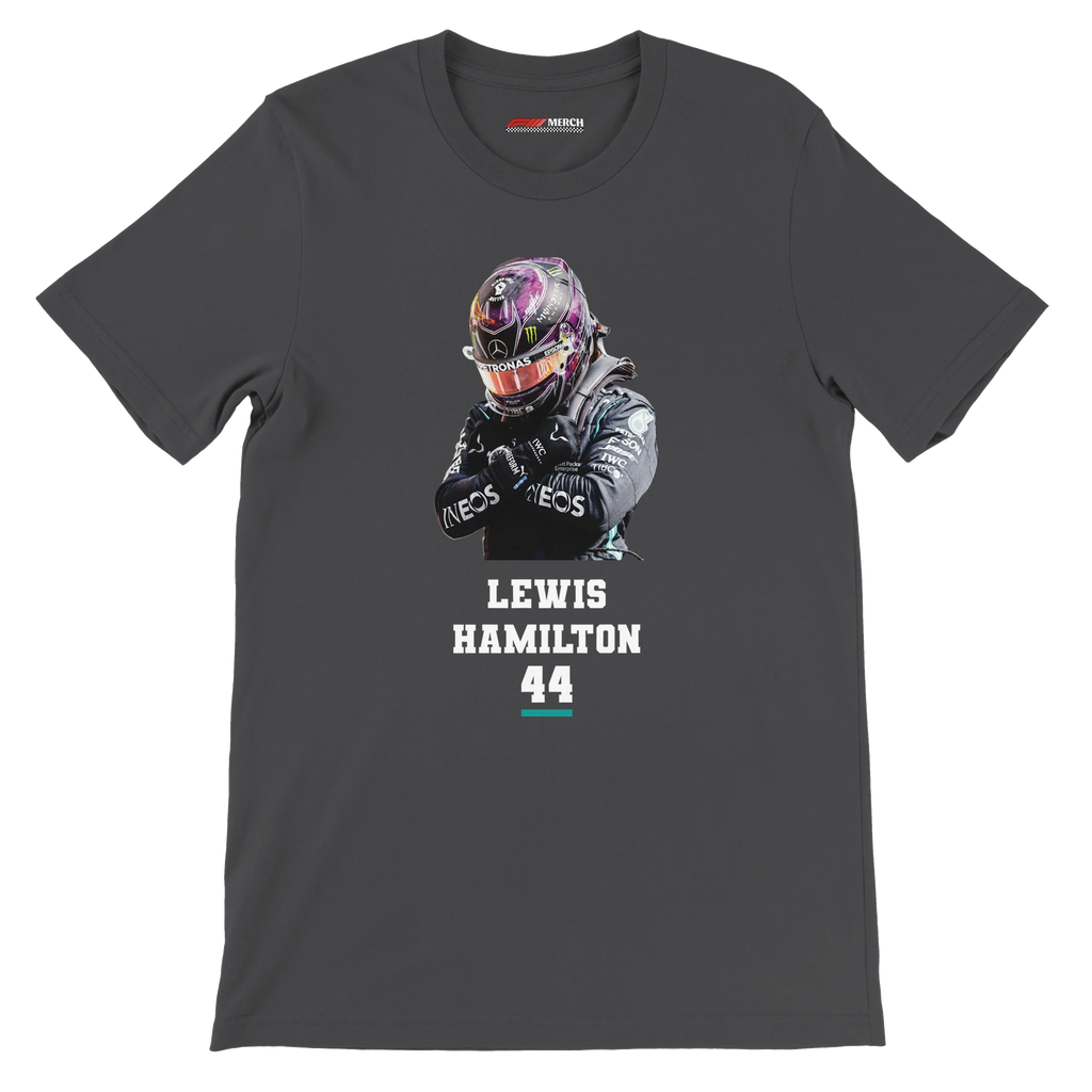 f111 merch dark-grey color t-shirt2 with lewis-hamilton branding.