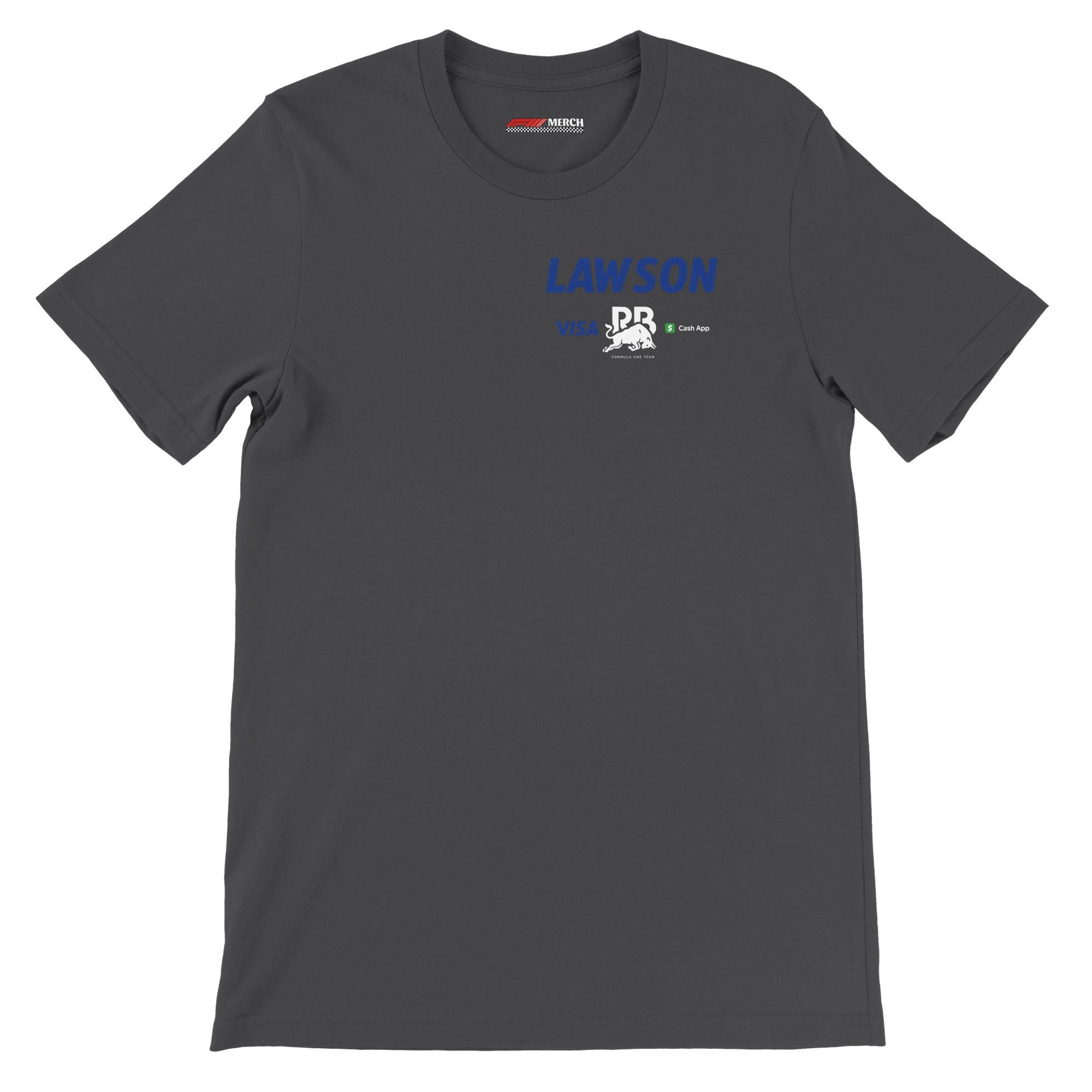 f111 merch dark-grey color t-shirt2 with liam-lawson branding.