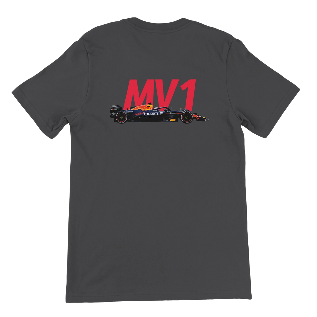 f111 merch dark-grey color t-shirt2 with max-verstappen branding.