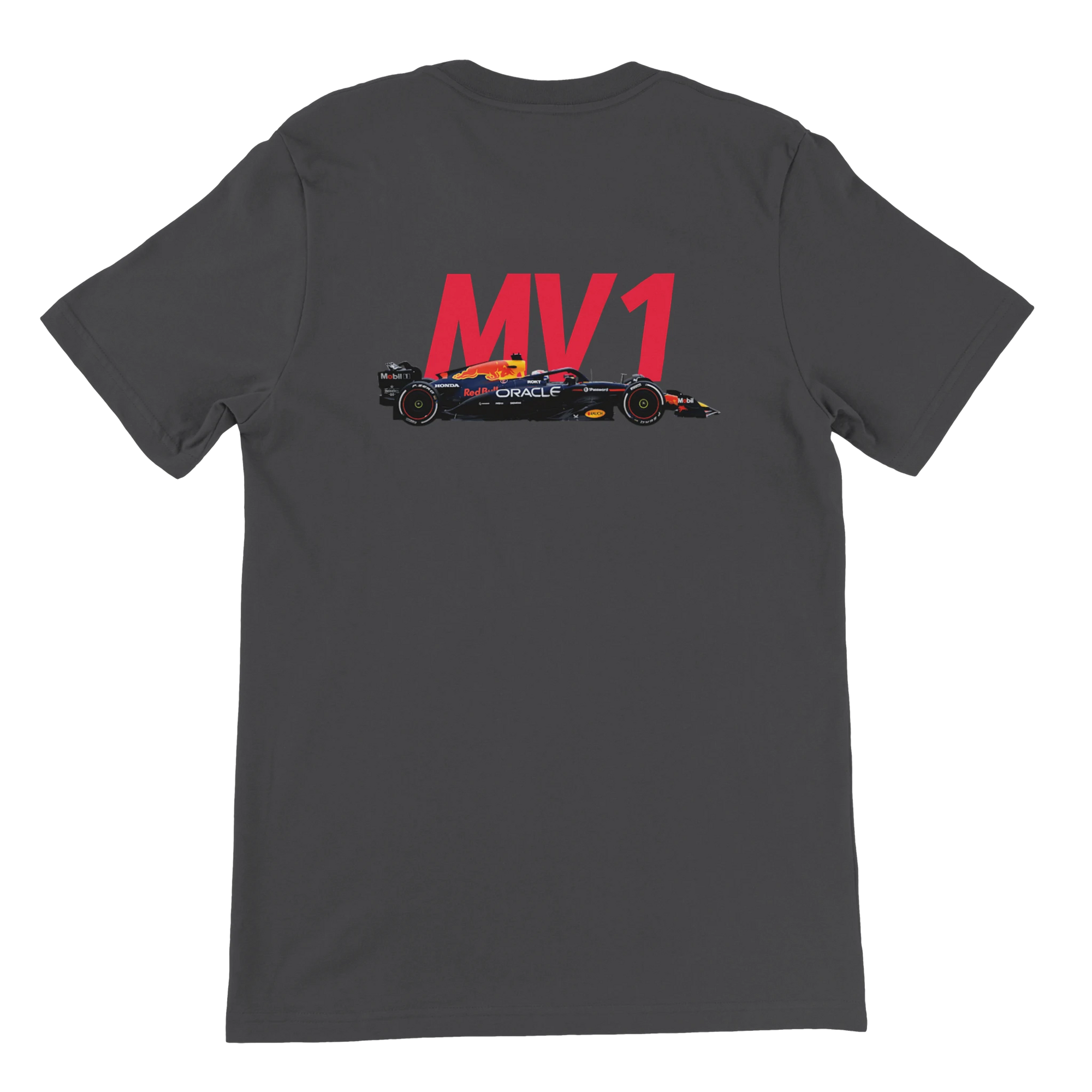 f111 merch dark-grey color t-shirt2 with max-verstappen branding.
