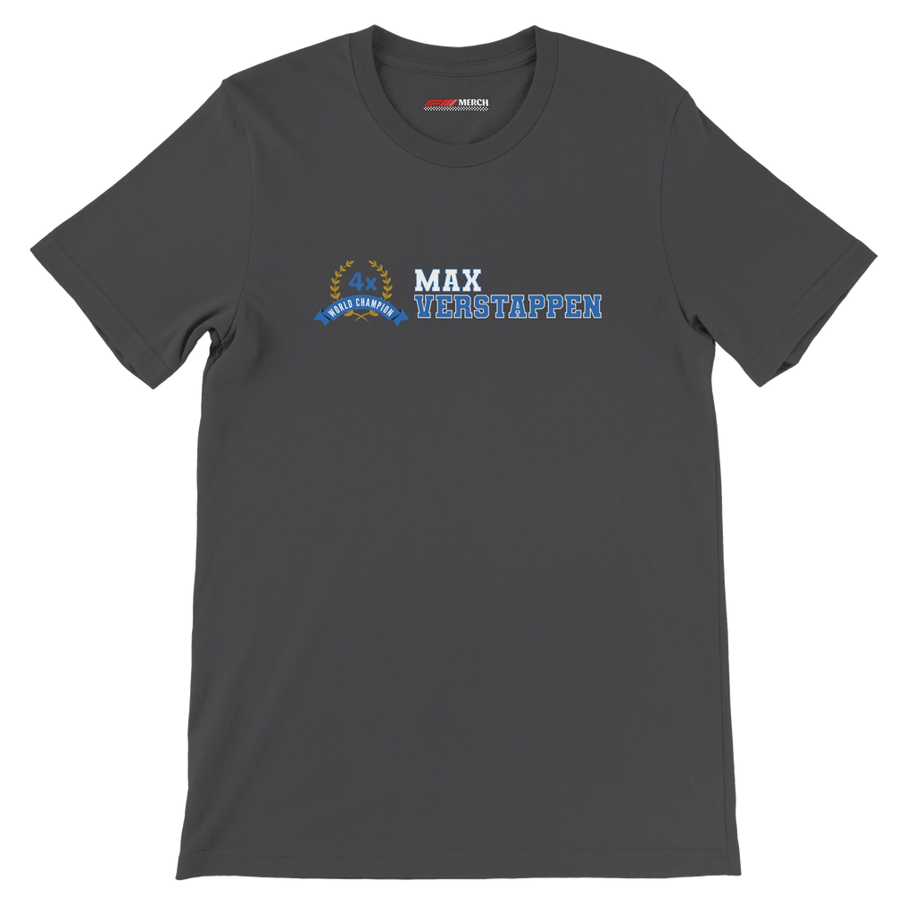 f111 merch dark-grey color t-shirt2 with max-verstappen branding.