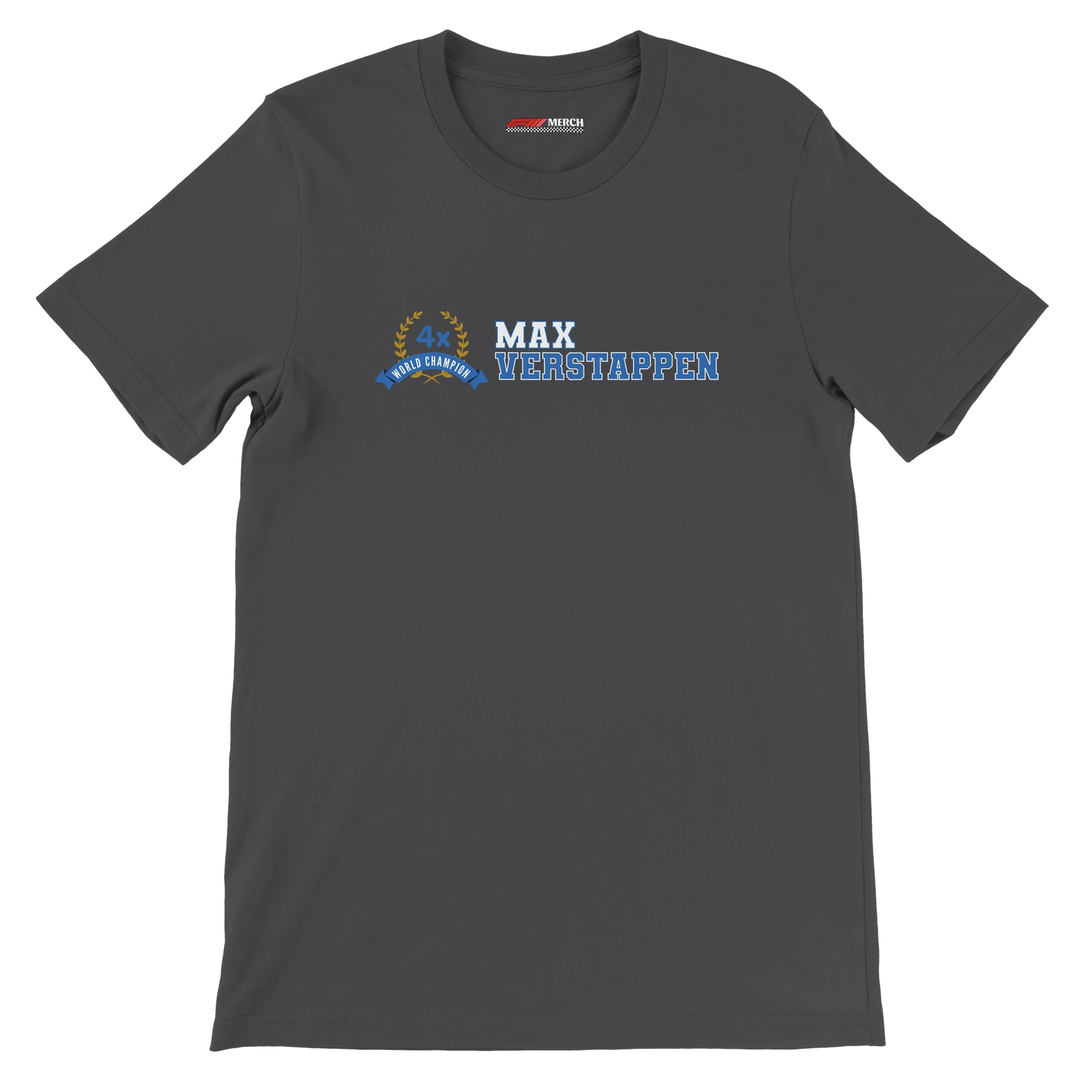 f111 merch dark-grey color t-shirt2 with max-verstappen branding.