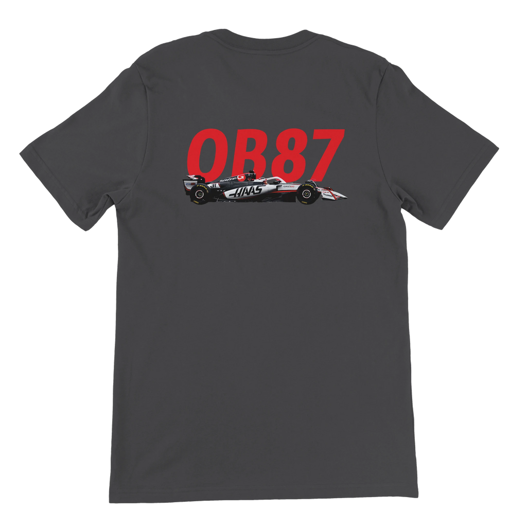 f111 merch dark-grey color t-shirt2 with oliver-bearman branding.
