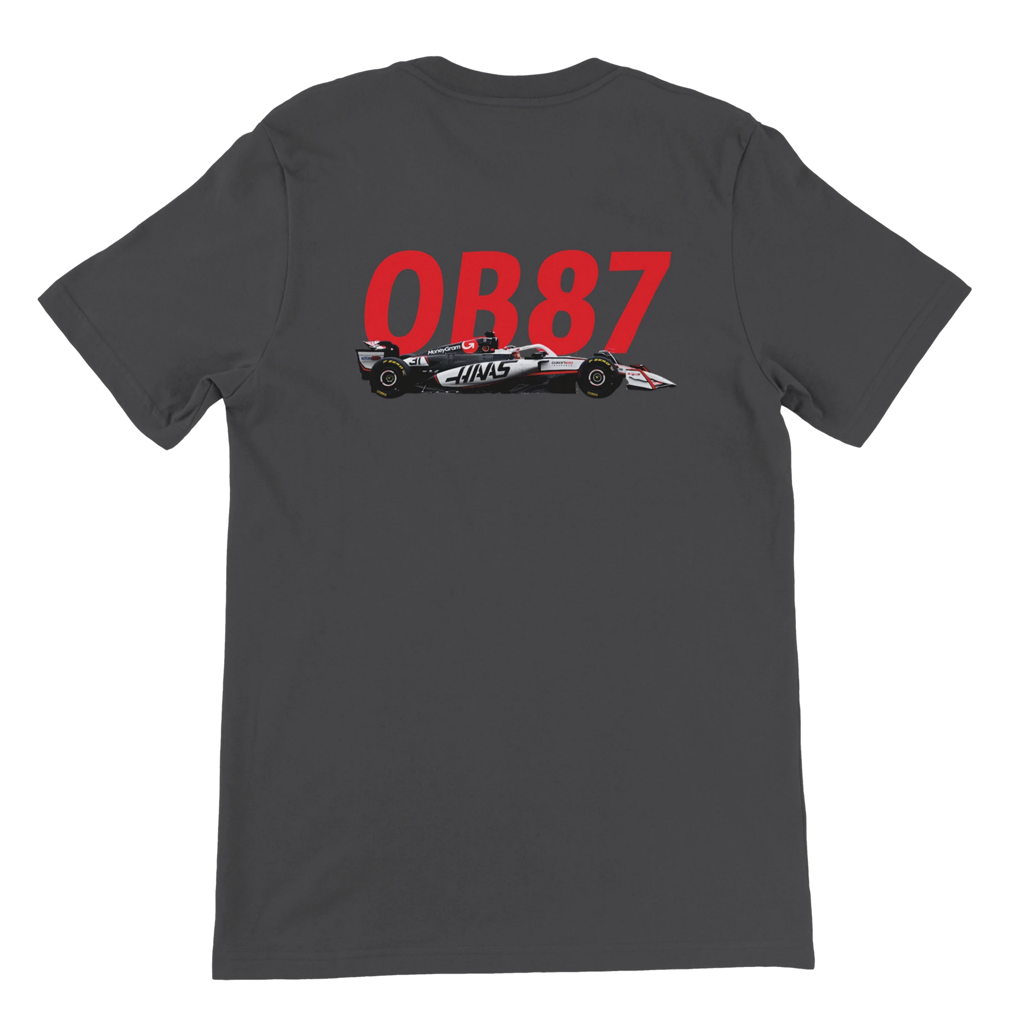f111 merch dark-grey color t-shirt2 with oliver-bearman branding.