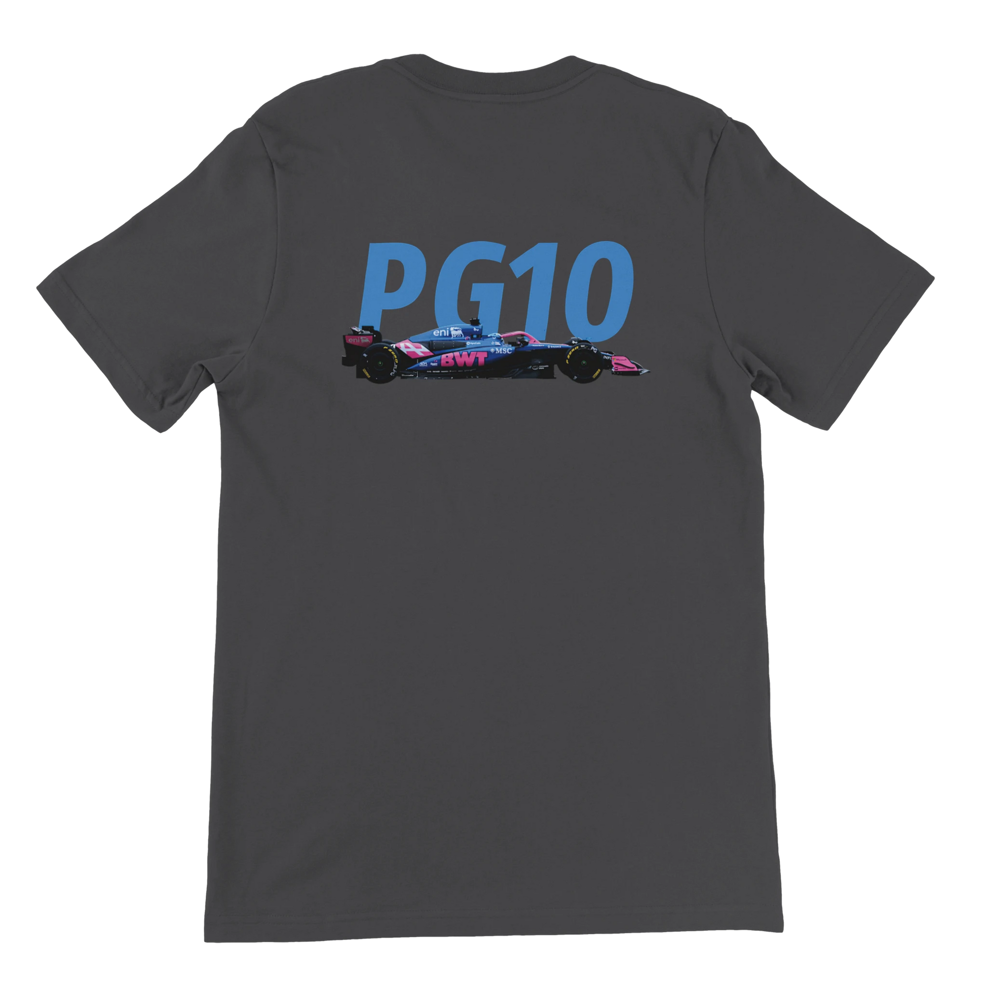 f111 merch dark-grey color t-shirt2 with pierre-gasly branding.