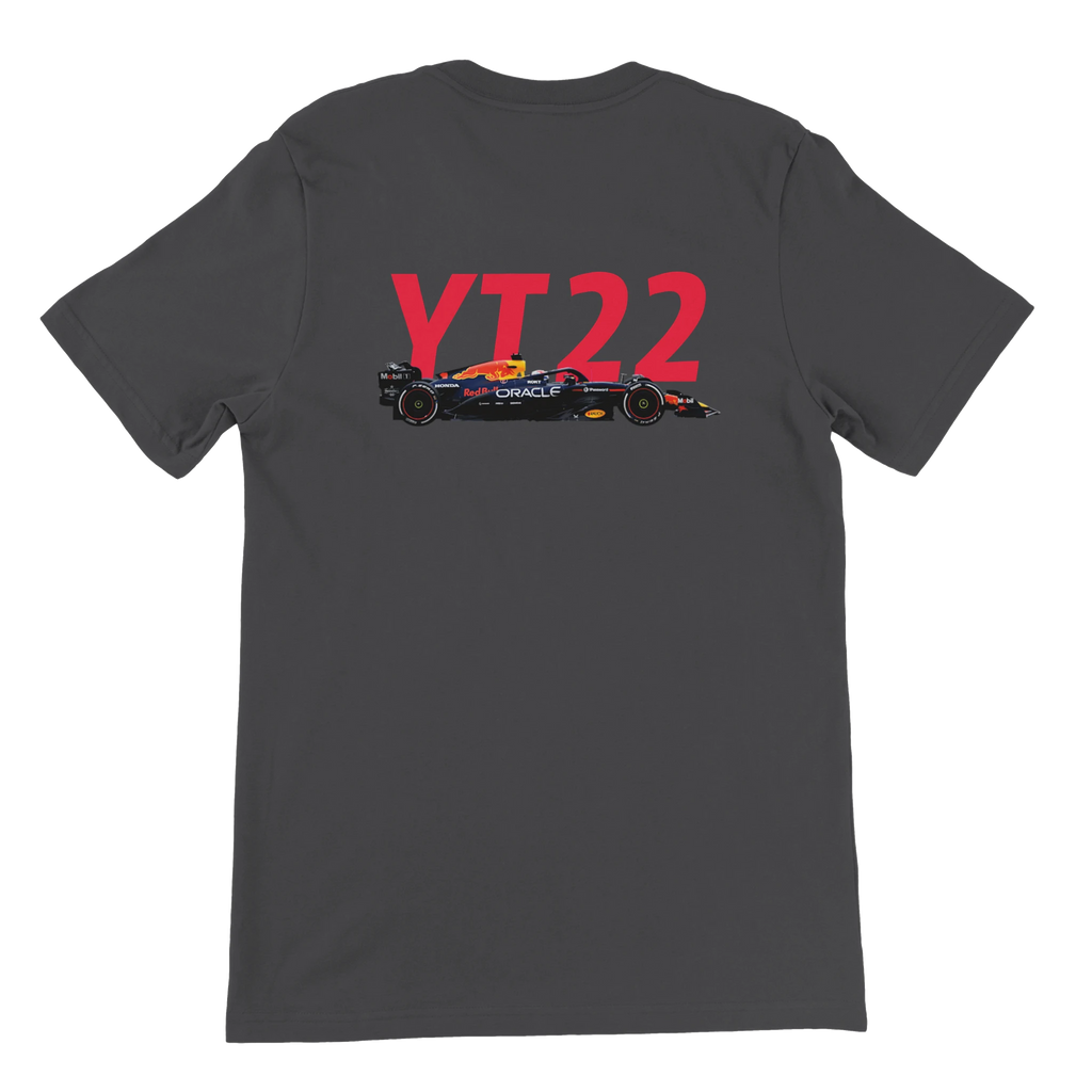 f111 merch dark-grey color t-shirt2 with yuki-tsunoda branding.