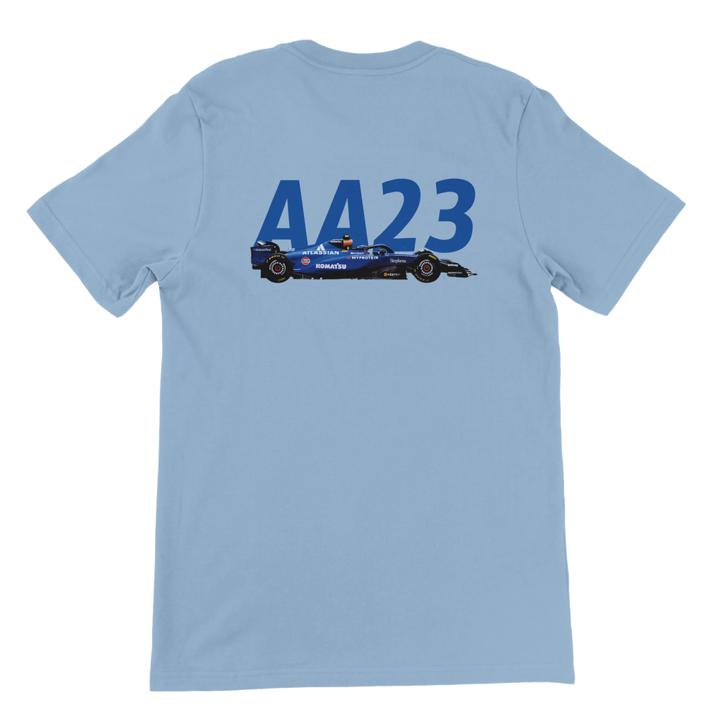 f111 merch light-blue color t-shirt2 with alex-albon branding.