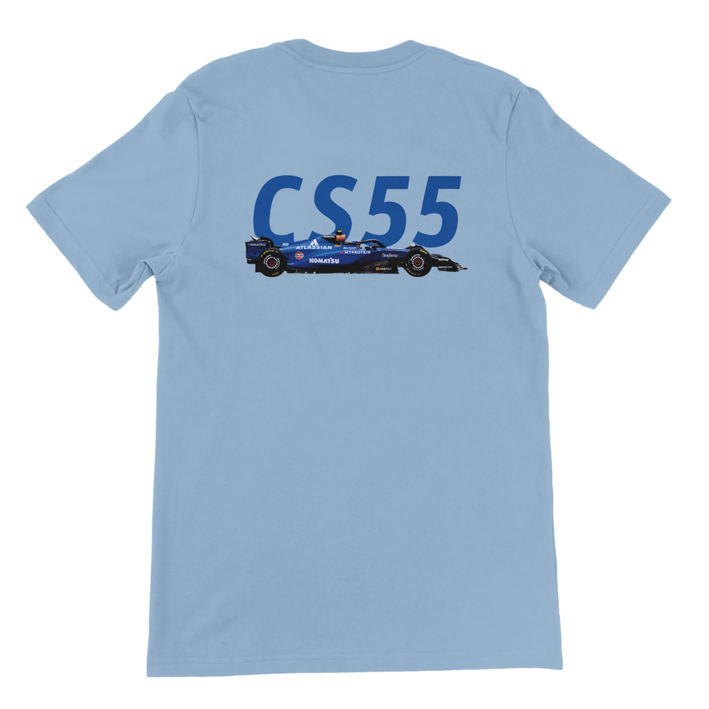 f111 merch light-blue color t-shirt2 with carlos-sainz branding.