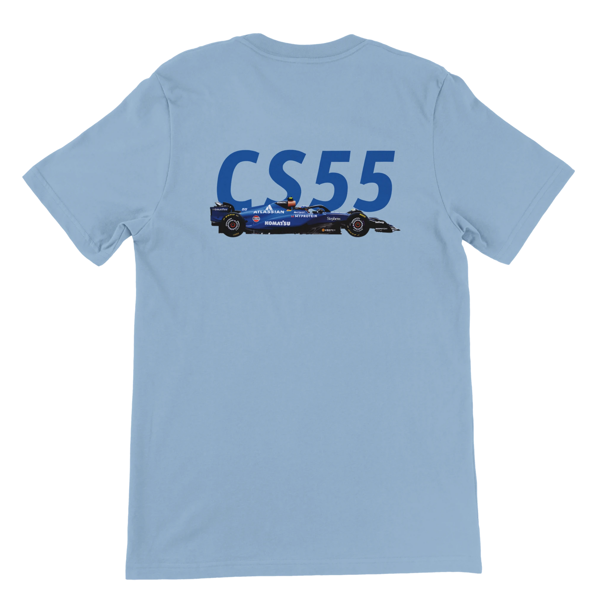 f111 merch light-blue color t-shirt2 with carlos-sainz branding.