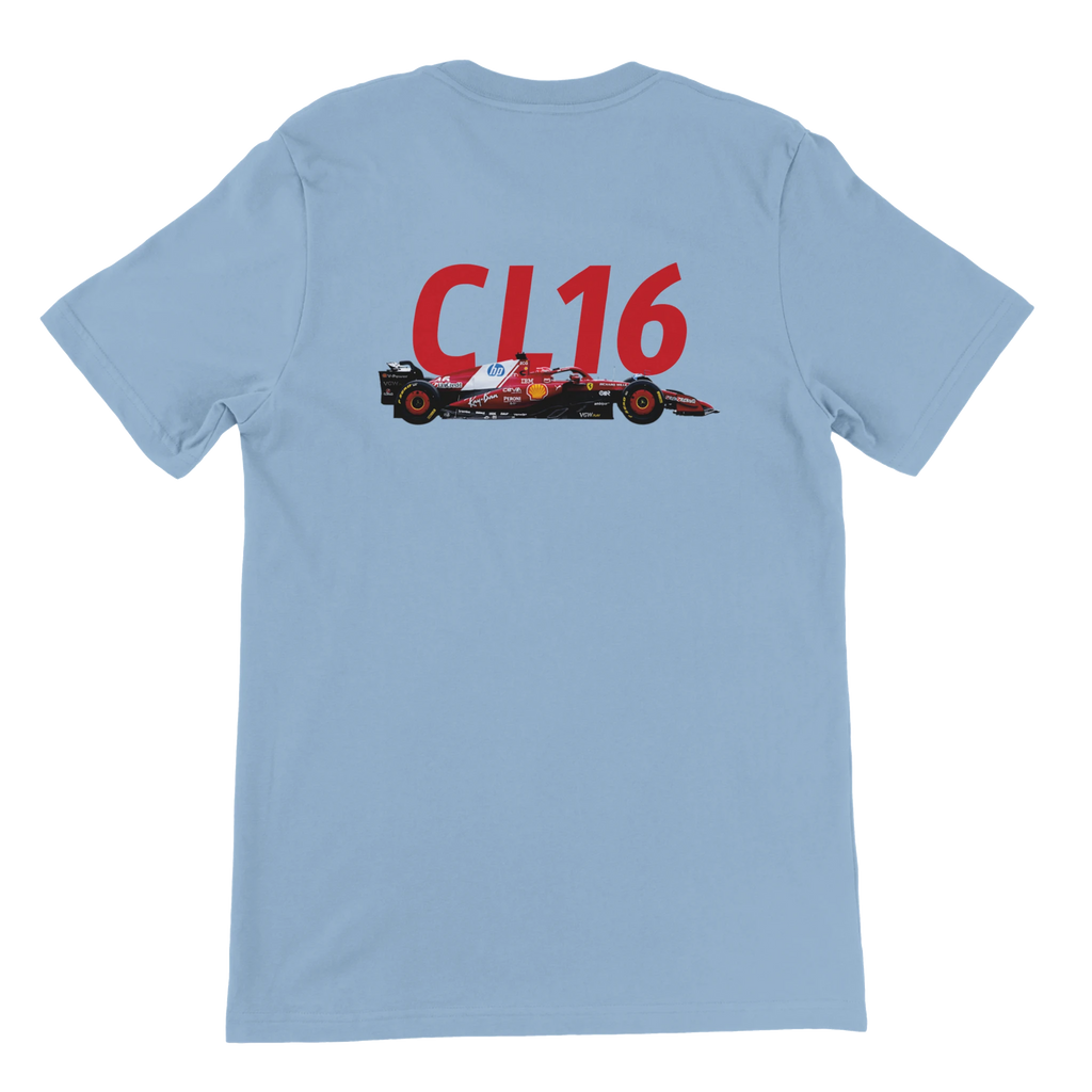 f111 merch light-blue color t-shirt2 with charles-leclerc branding.