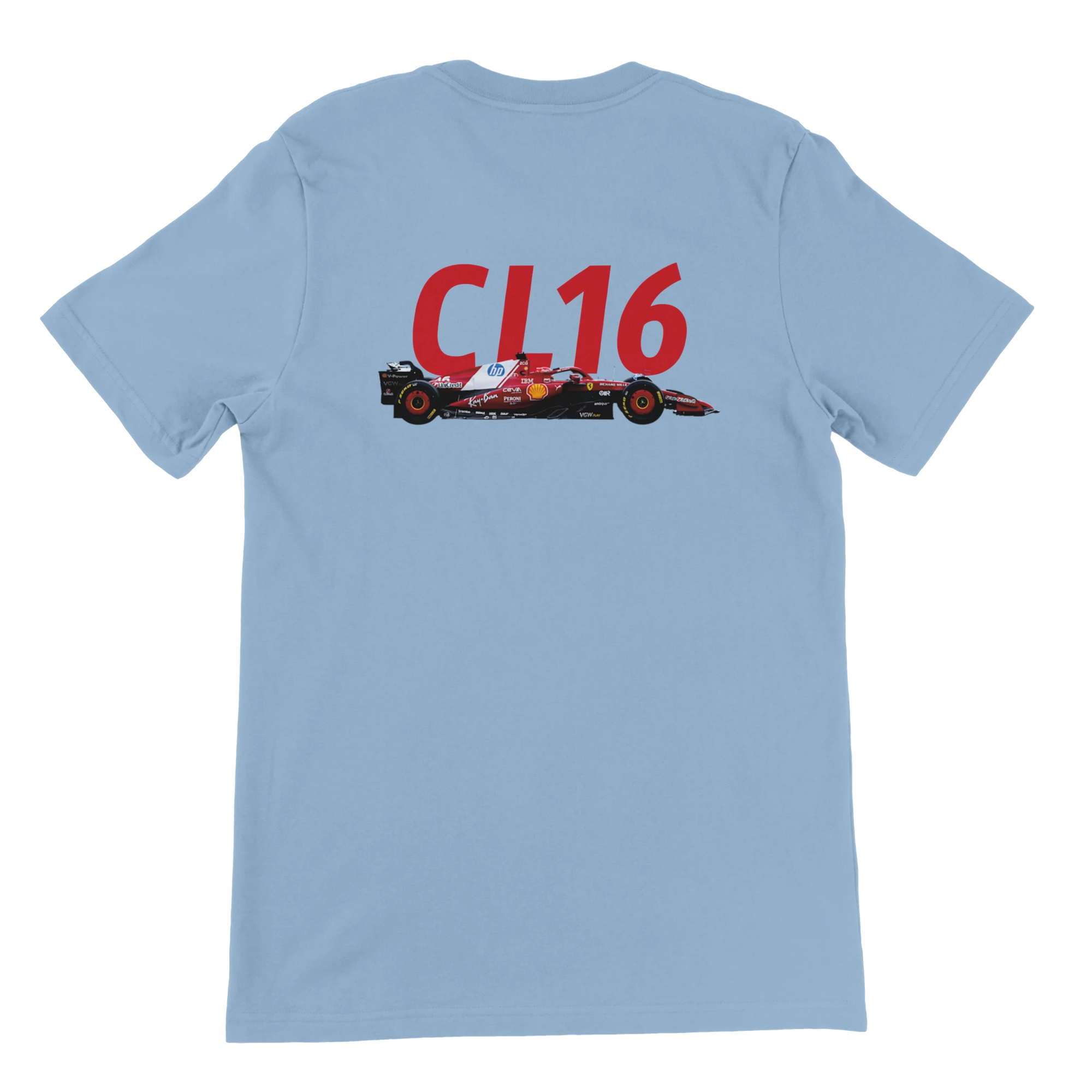 f111 merch light-blue color t-shirt2 with charles-leclerc branding.