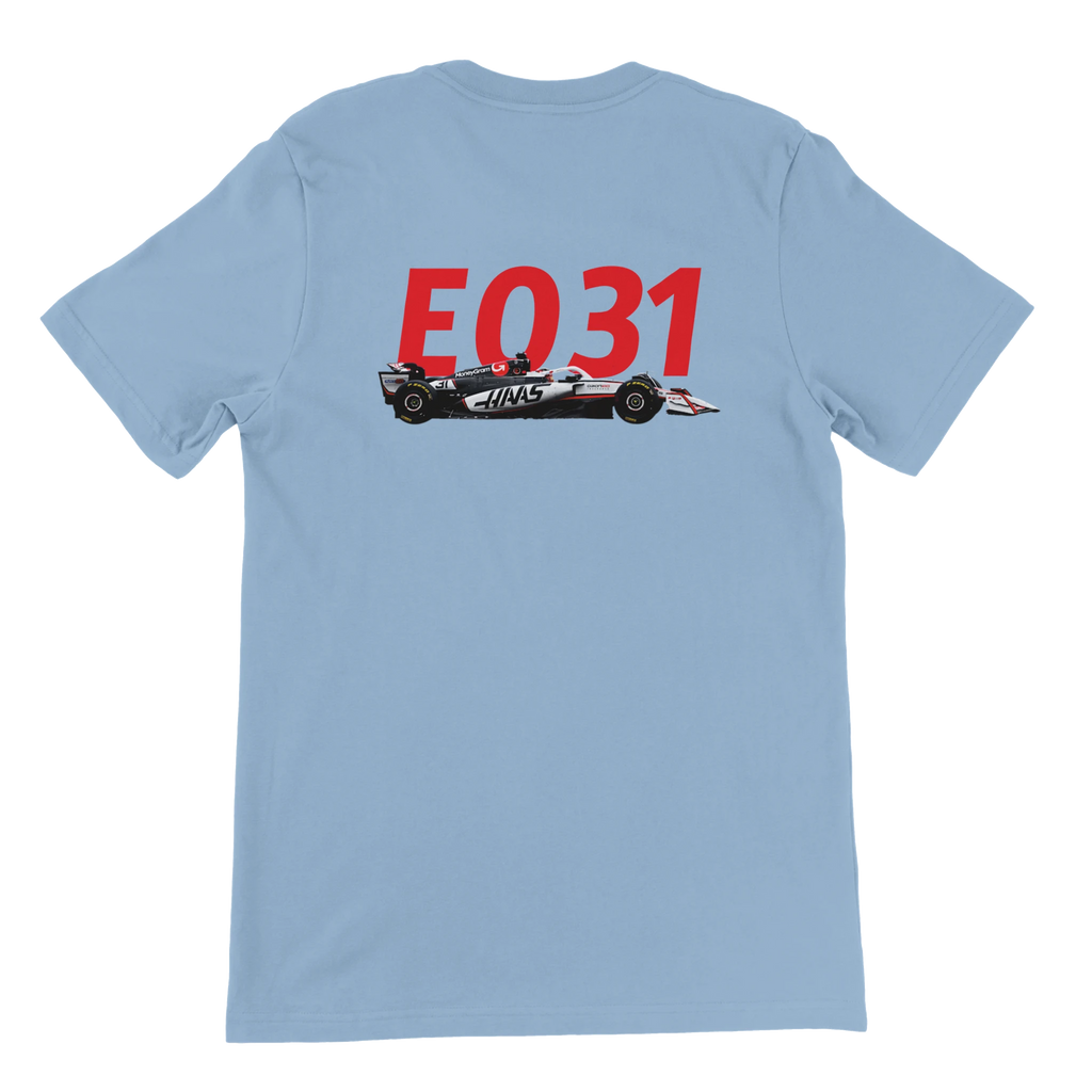 f111 merch light-blue color t-shirt2 with esteban-ocon branding.