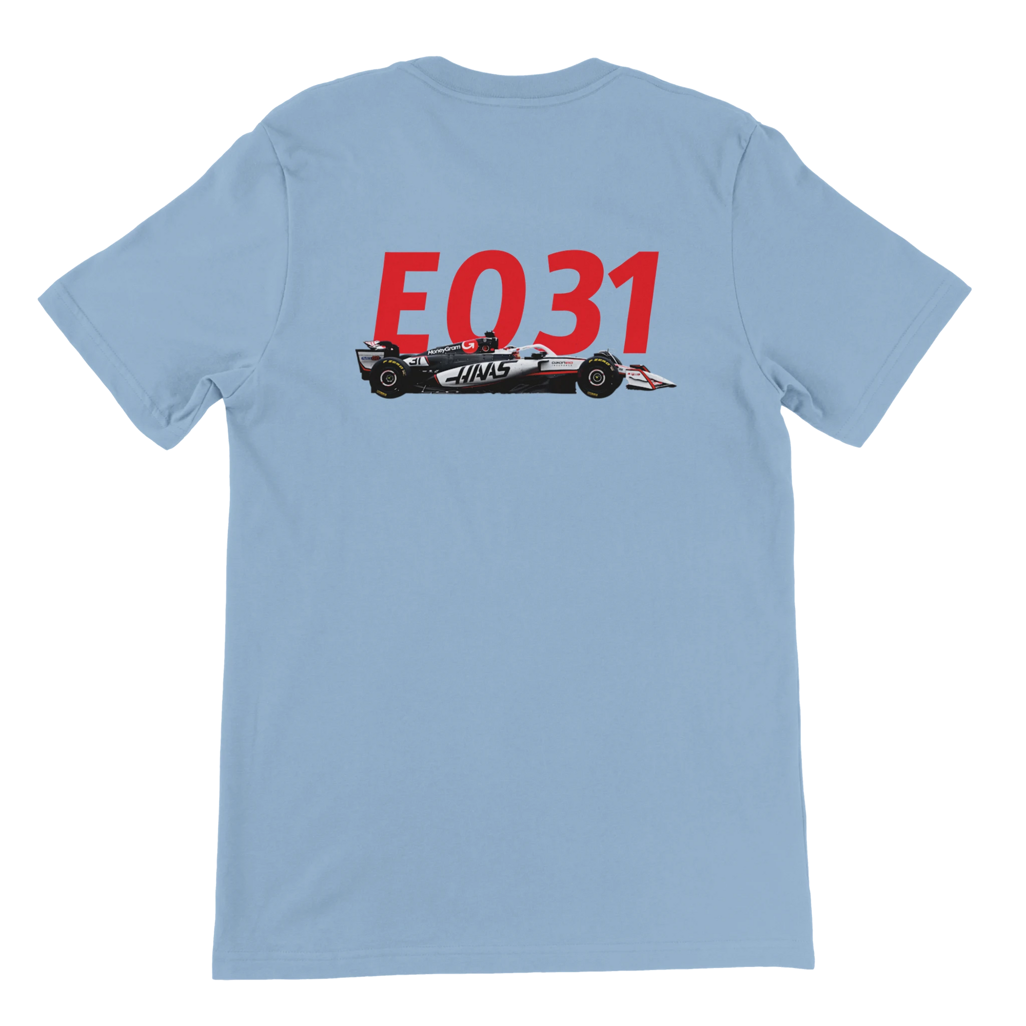 f111 merch light-blue color t-shirt2 with esteban-ocon branding.