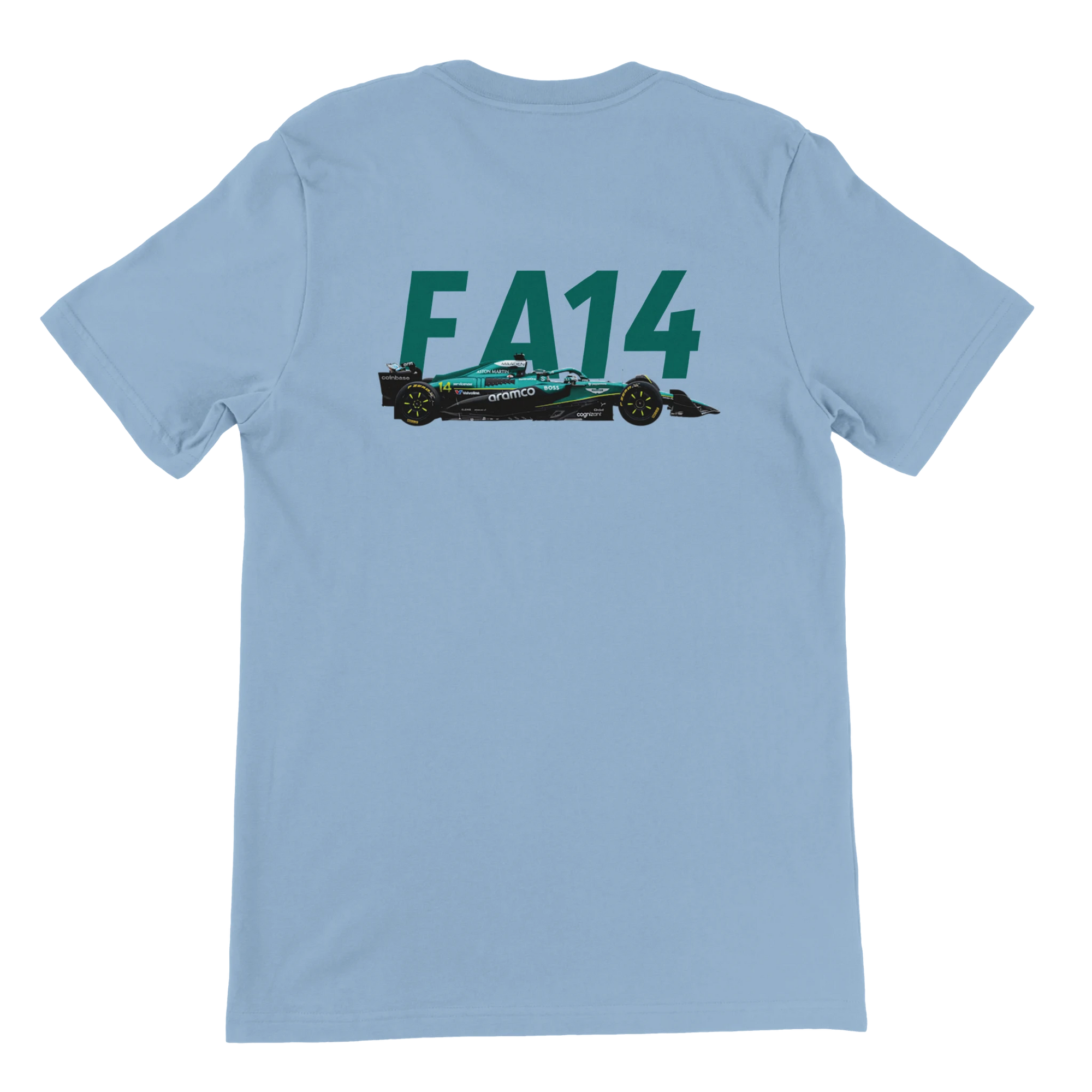 f111 merch light-blue color t-shirt2 with fernando-alonso branding.
