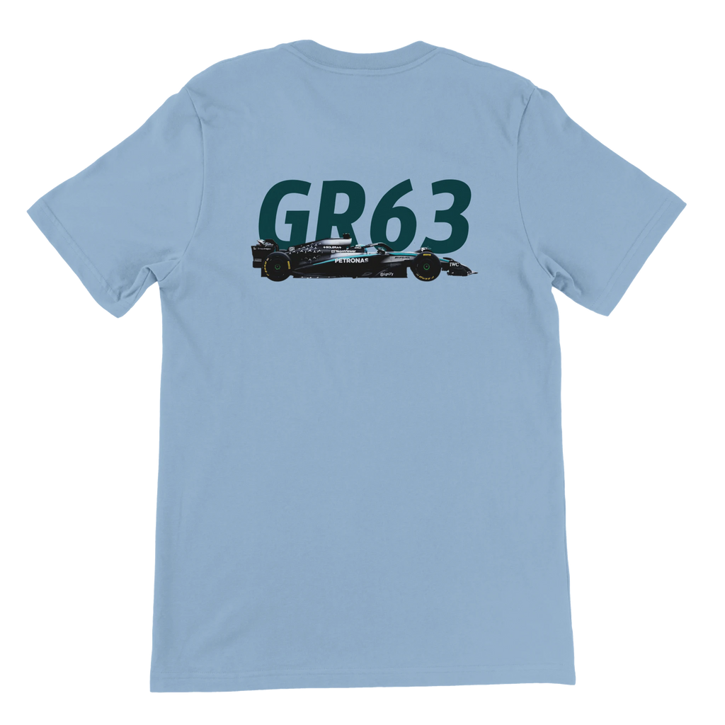 f111 merch light-blue color t-shirt2 with george-russell branding.