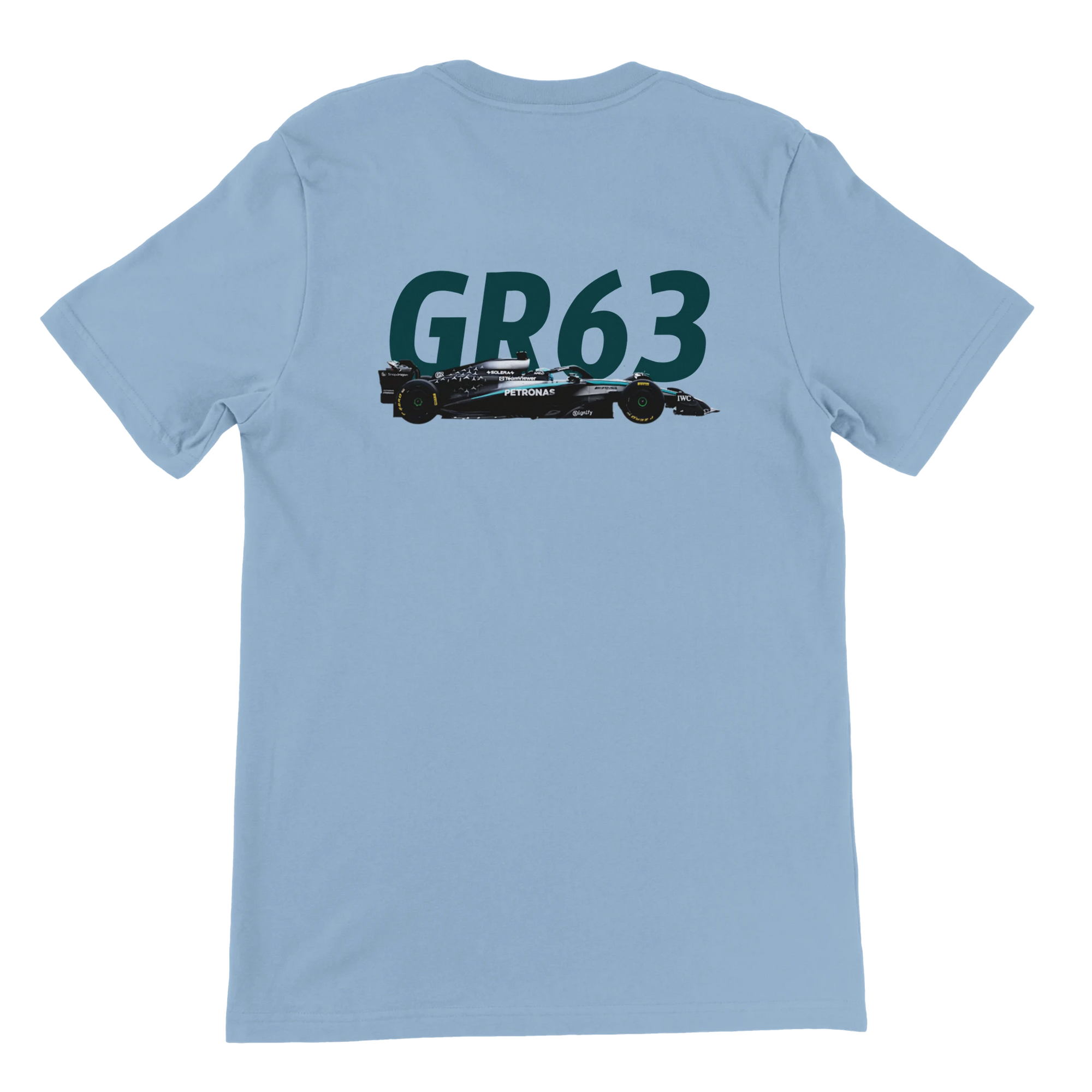 f111 merch light-blue color t-shirt2 with george-russell branding.