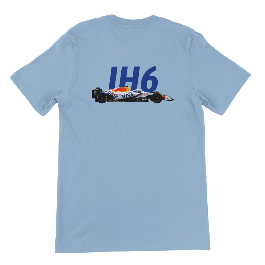 f111 merch light-blue color t-shirt2 with isack-hadjar branding.