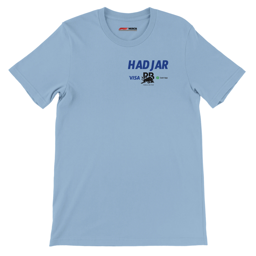 f111 merch light-blue color t-shirt2 with isack-hadjar branding.