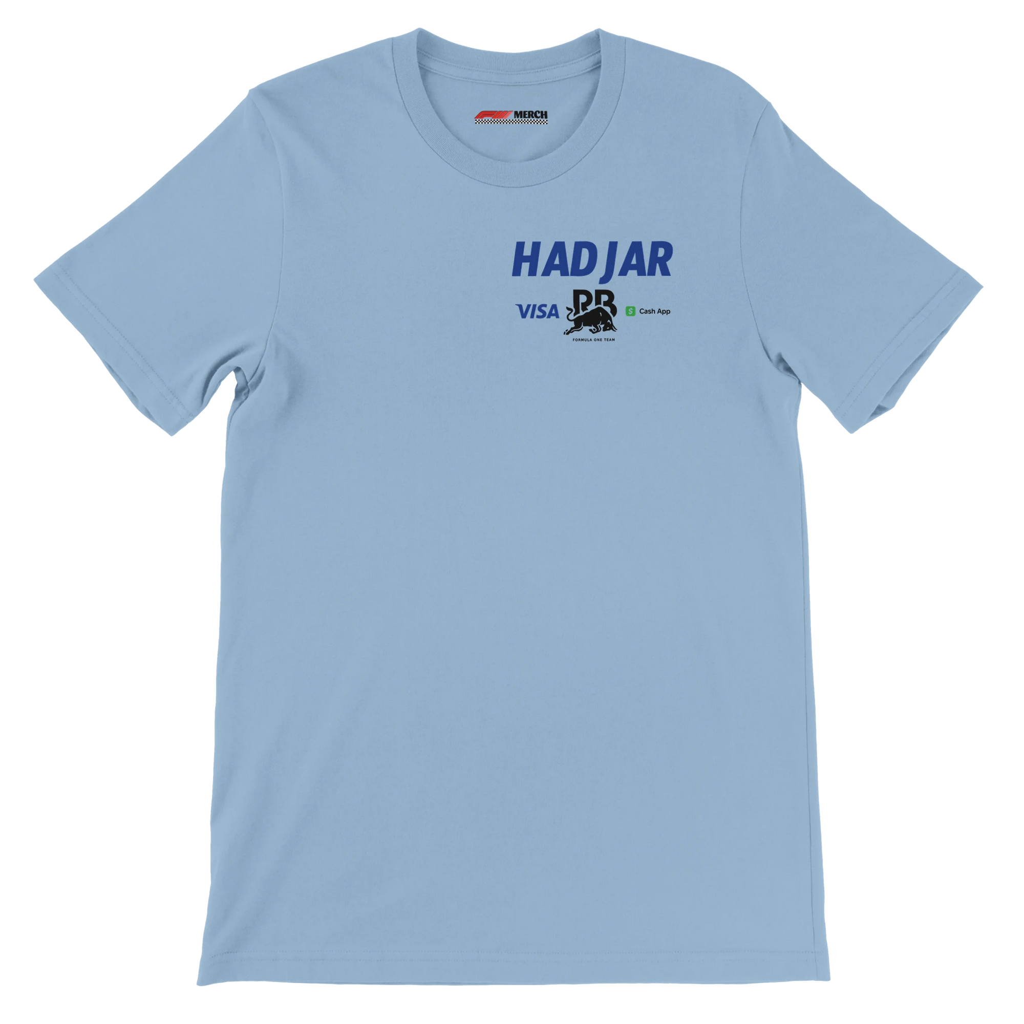 f111 merch light-blue color t-shirt2 with isack-hadjar branding.