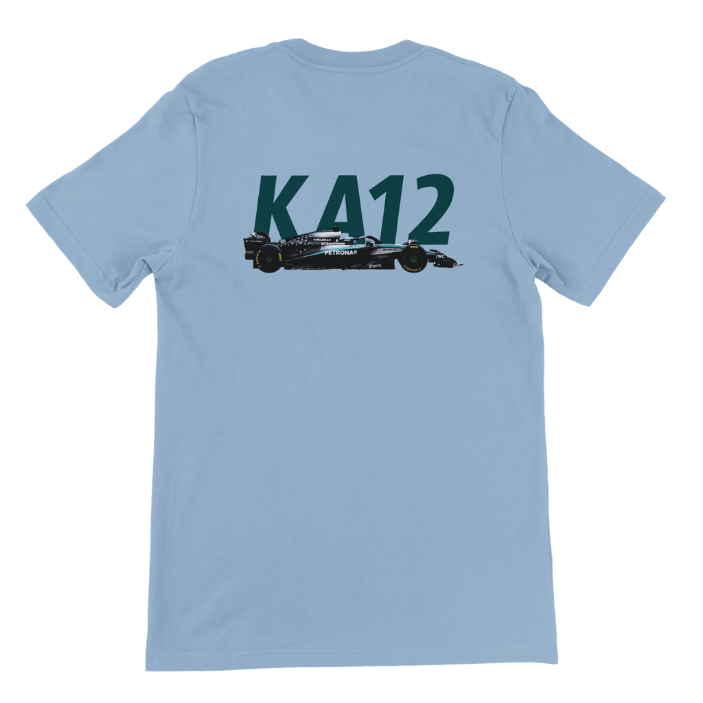 f111 merch light-blue color t-shirt2 with kimi-antonelli branding.