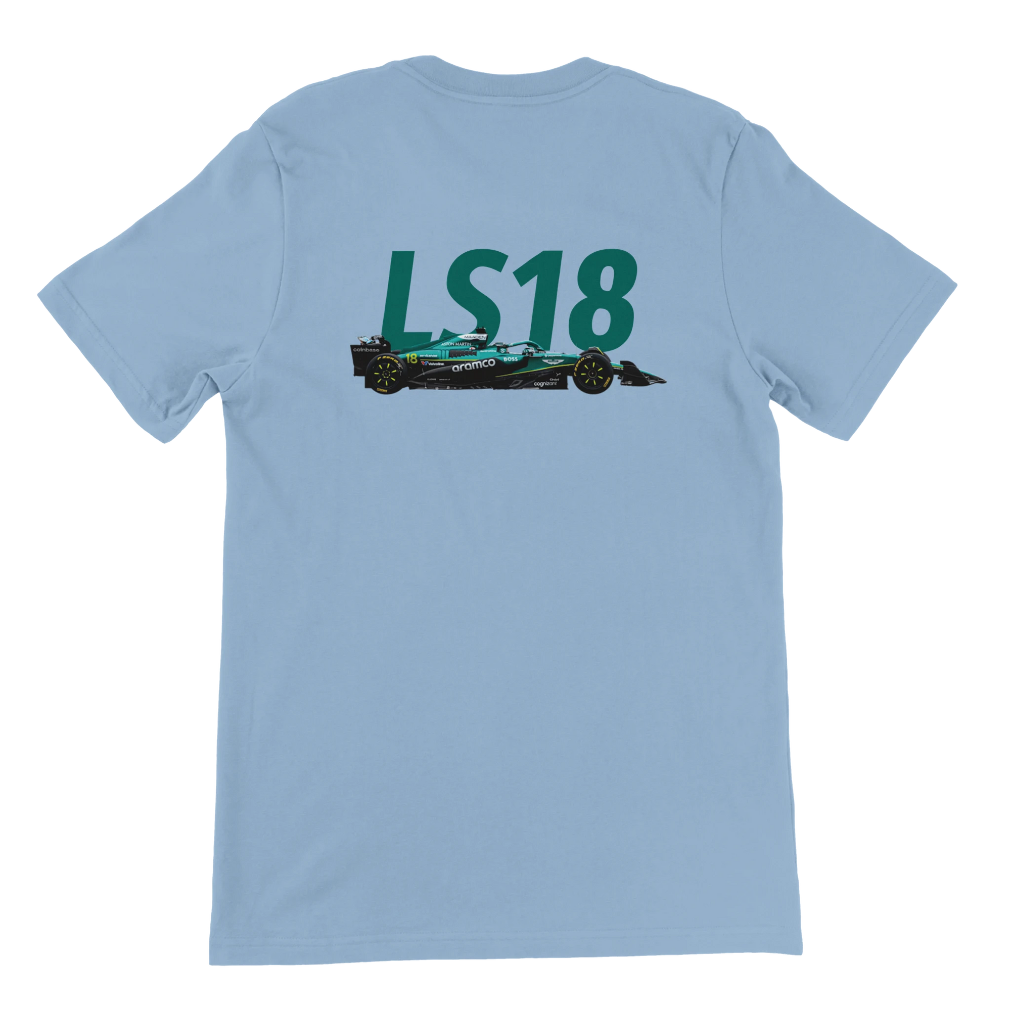 f111 merch light-blue color t-shirt2 with lance-stroll branding.