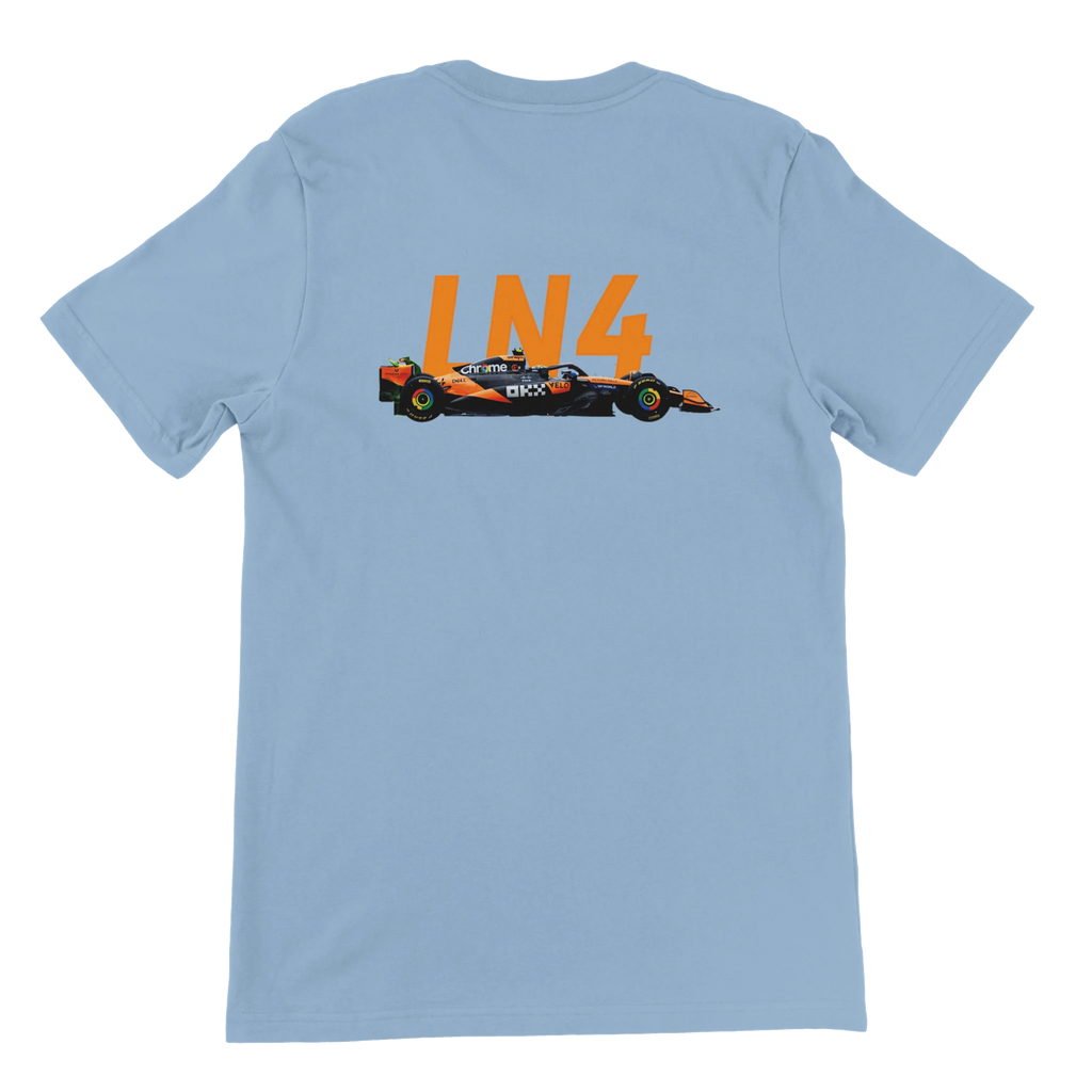 f111 merch light-blue color t-shirt2 with lando-norris branding.