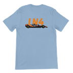 f111 merch light-blue color t-shirt2 with lando-norris branding.