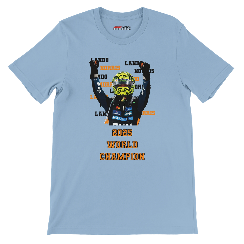 f111 merch light-blue color t-shirt2 with lando-norris branding.