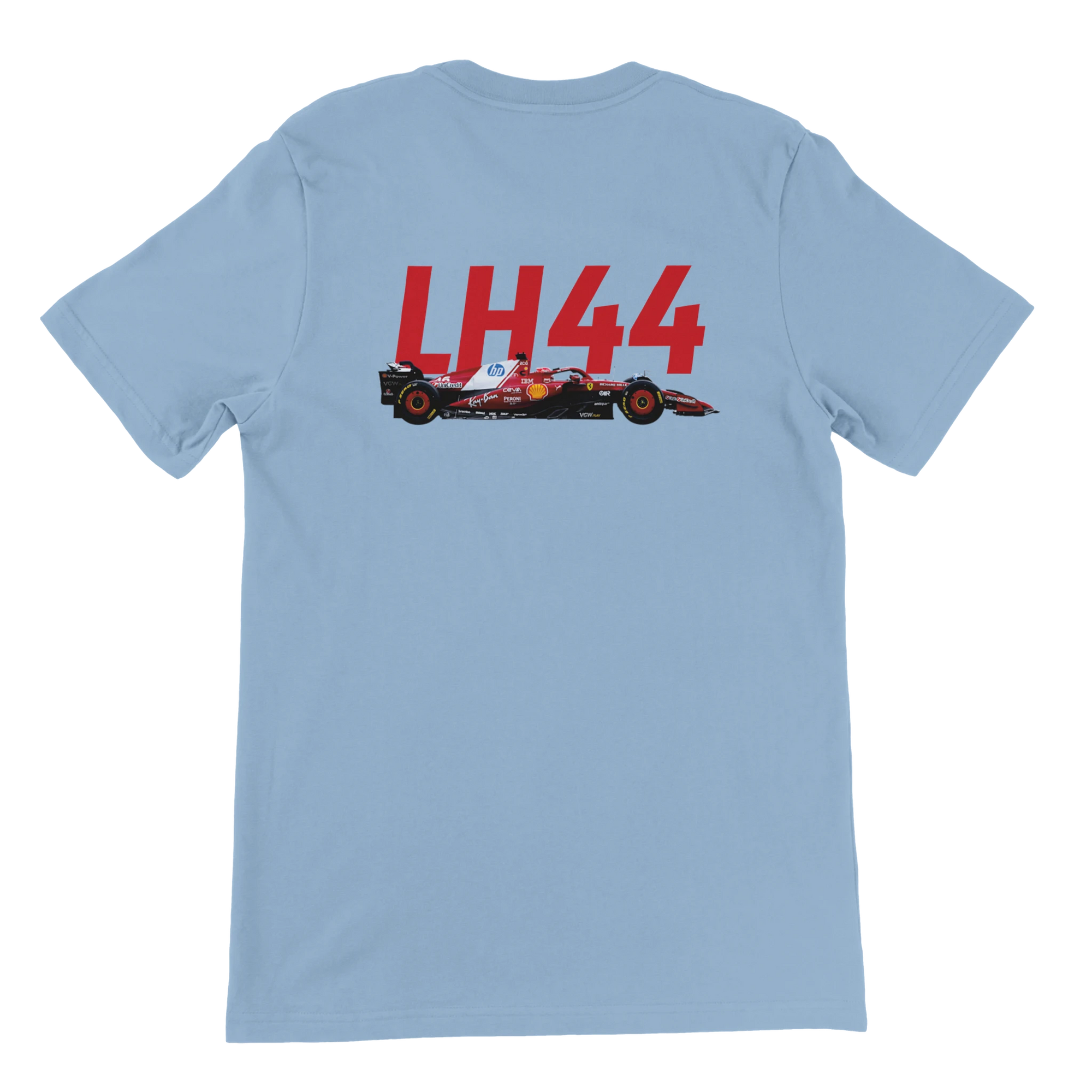 f111 merch light-blue color t-shirt2 with lewis-hamilton branding.
