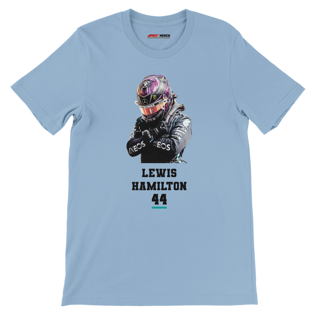 f111 merch light-blue color t-shirt2 with lewis-hamilton branding.