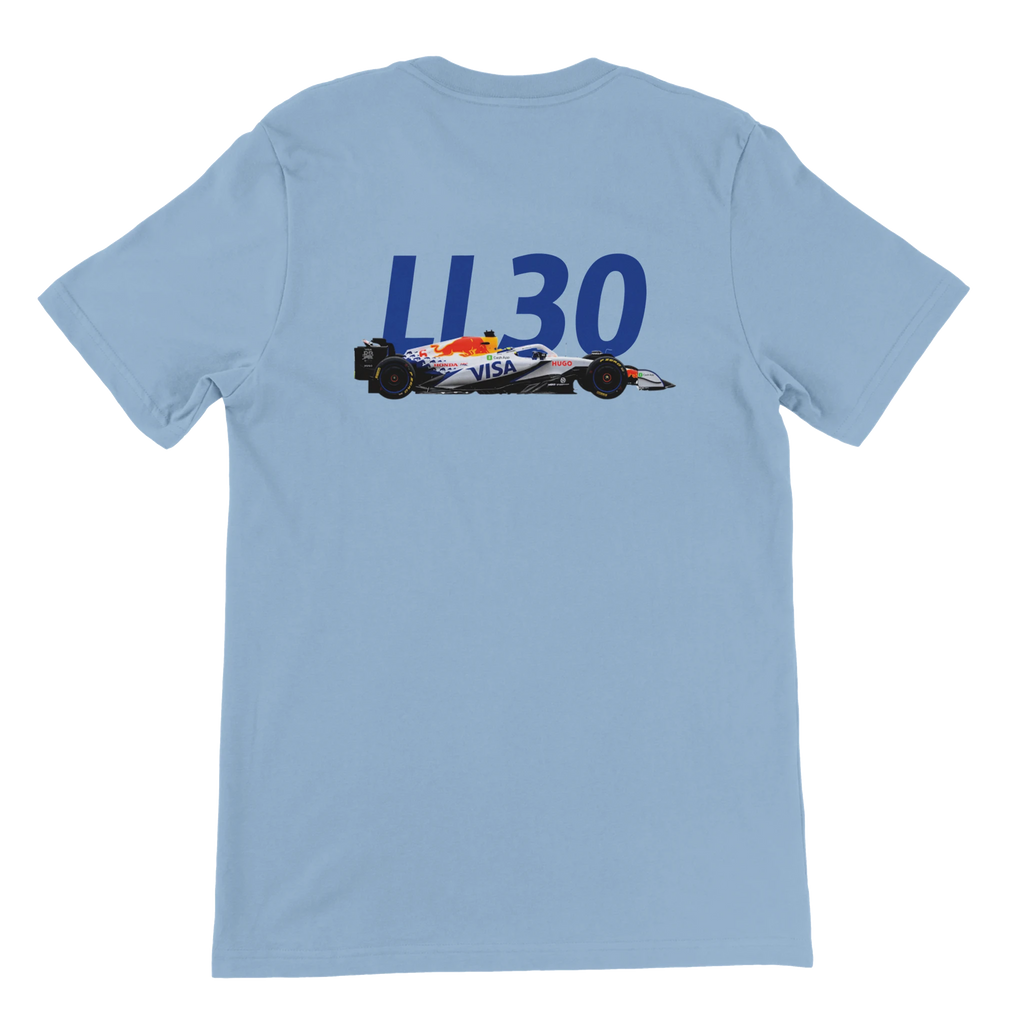 f111 merch light-blue color t-shirt2 with liam-lawson branding.