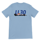 f111 merch light-blue color t-shirt2 with liam-lawson branding.