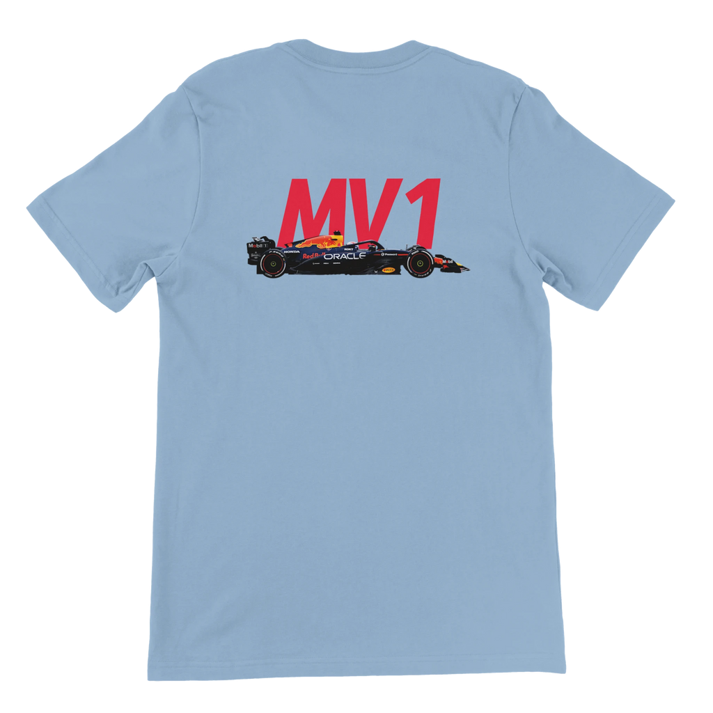 f111 merch light-blue color t-shirt2 with max-verstappen branding.