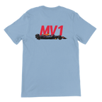 f111 merch light-blue color t-shirt2 with max-verstappen branding.