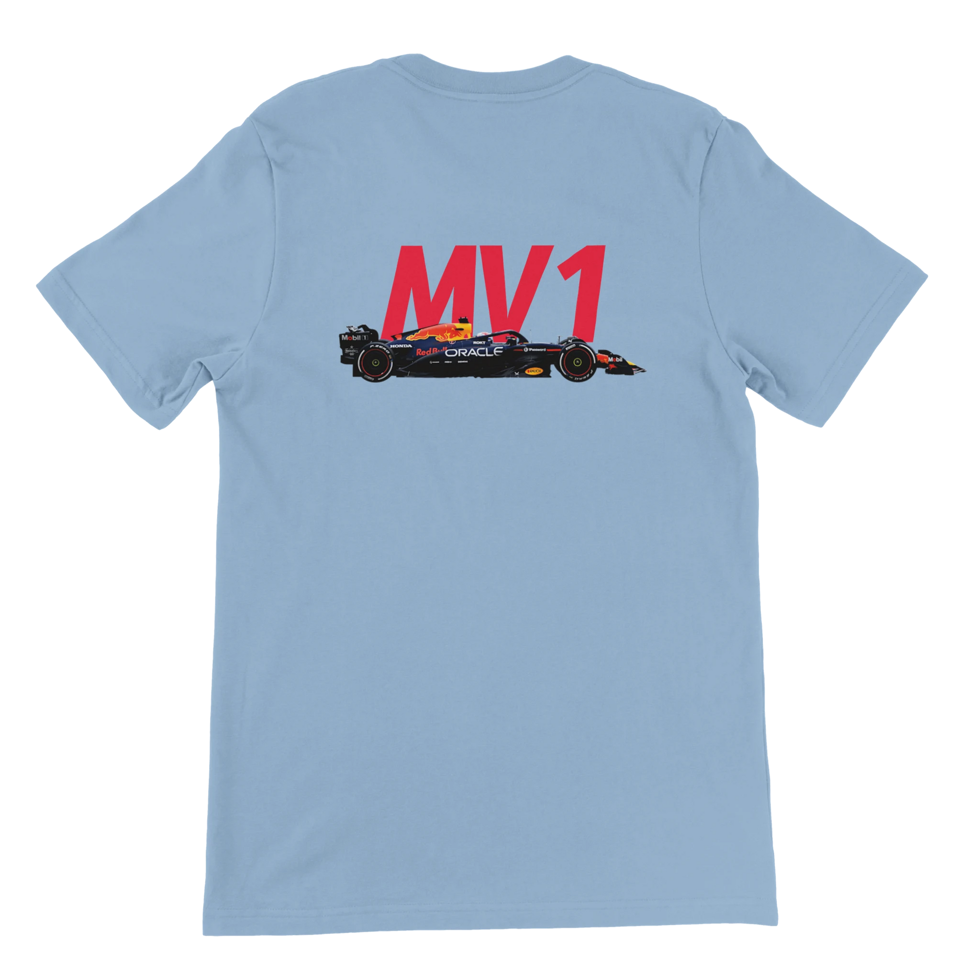 f111 merch light-blue color t-shirt2 with max-verstappen branding.