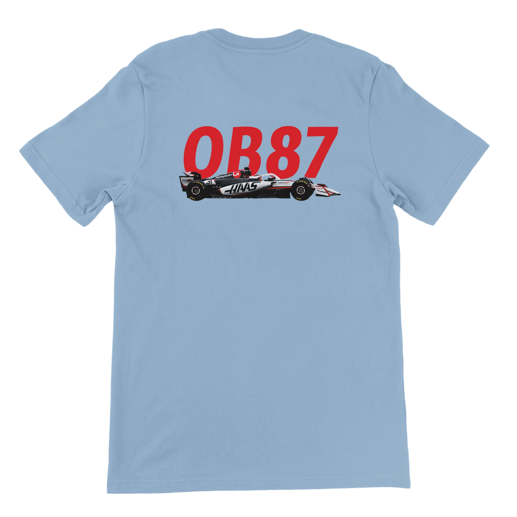 f111 merch light-blue color t-shirt2 with oliver-bearman branding.