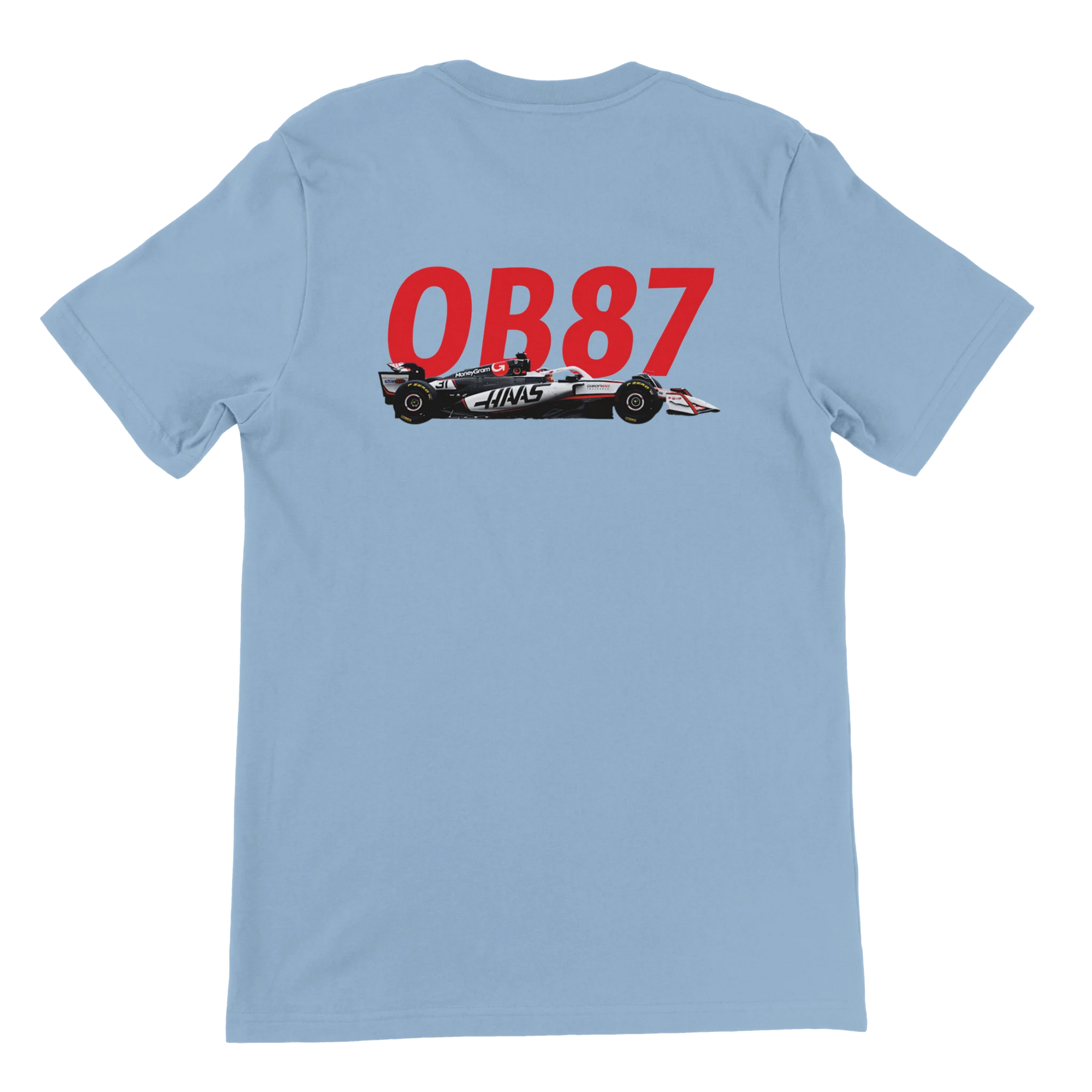 f111 merch light-blue color t-shirt2 with oliver-bearman branding.
