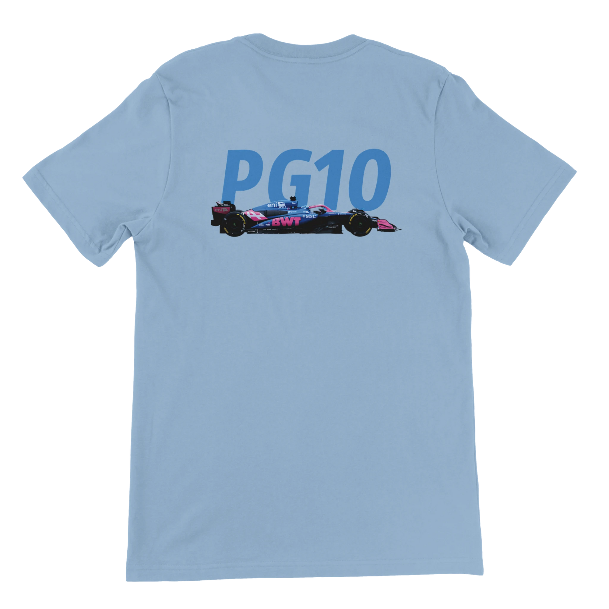 f111 merch light-blue color t-shirt2 with pierre-gasly branding.
