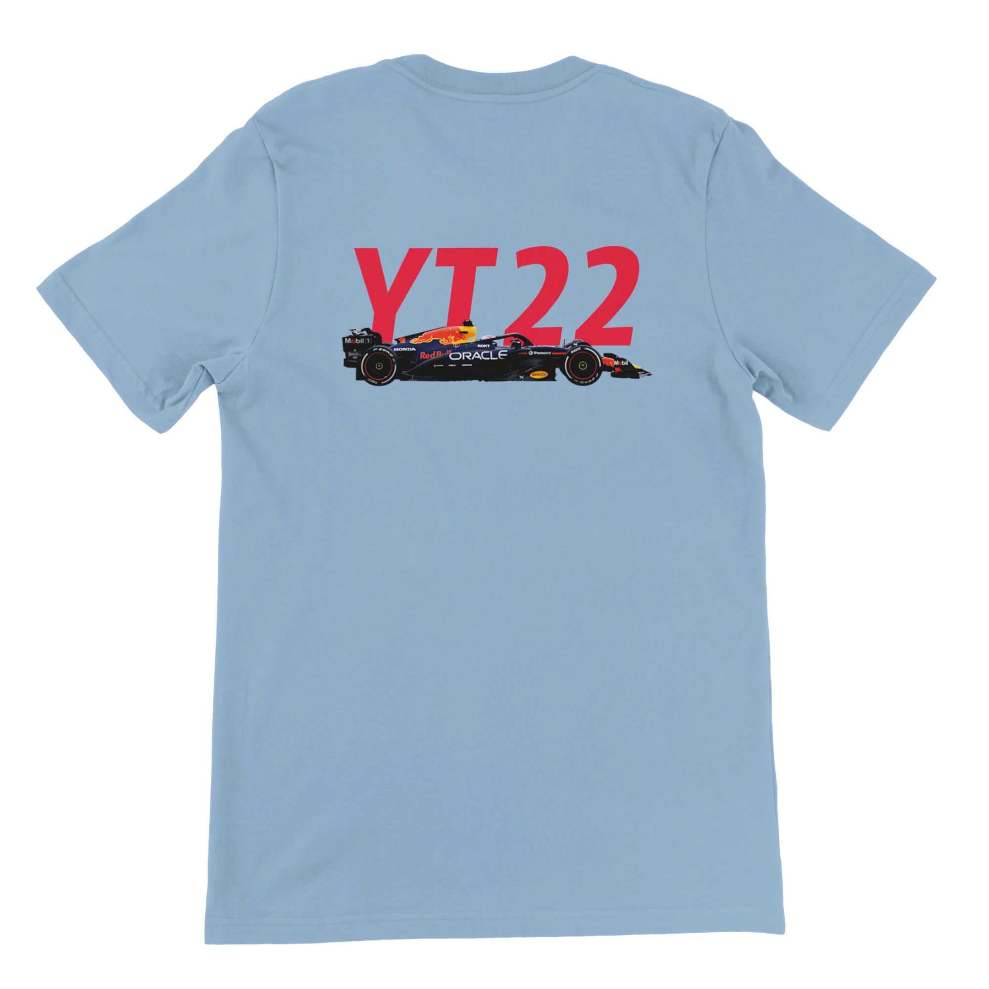 f111 merch light-blue color t-shirt2 with yuki-tsunoda branding.
