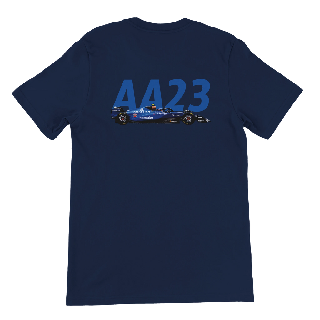 f111 merch navy color t-shirt2 with alex-albon branding.