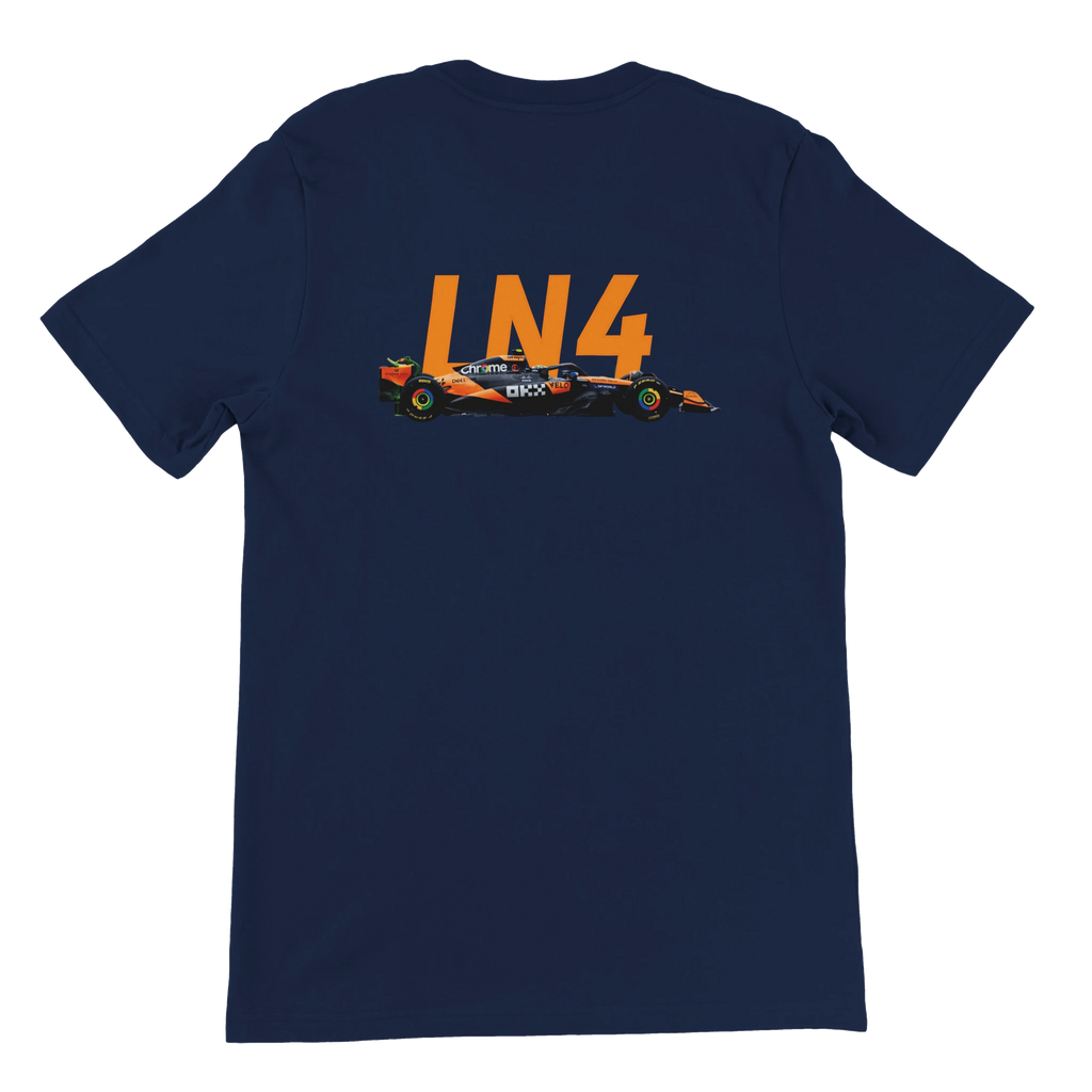 f111 merch navy color t-shirt2 with lando-norris branding.