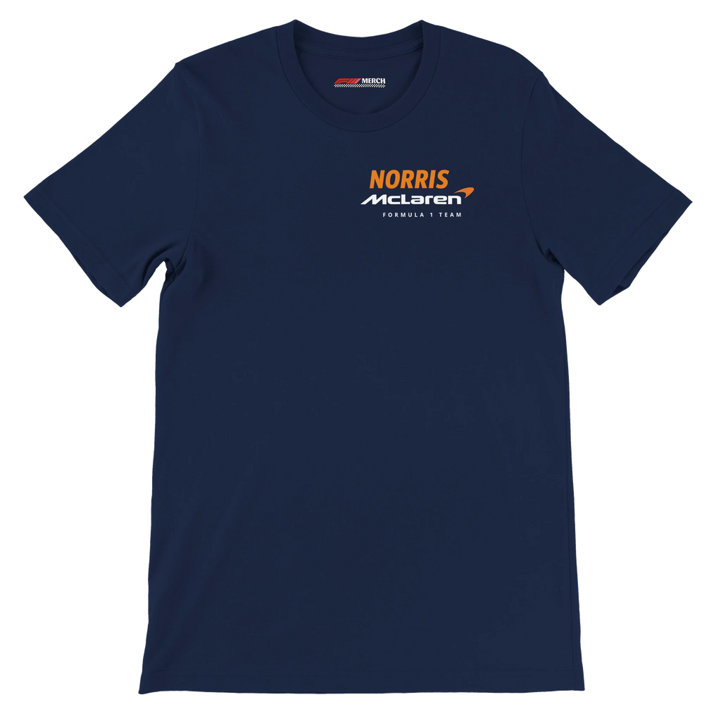 f111 merch navy color t-shirt2 with lando-norris branding.