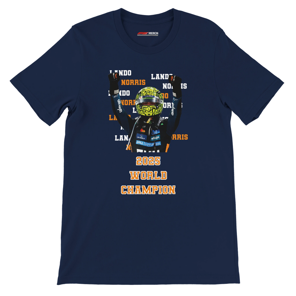 f111 merch navy color t-shirt2 with lando-norris branding.