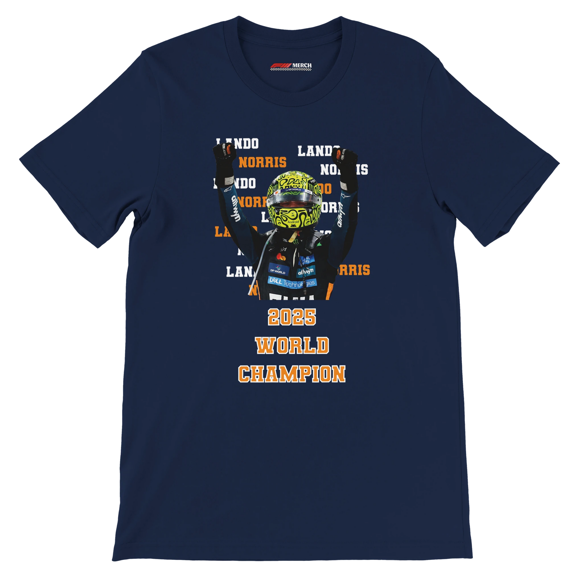 f111 merch navy color t-shirt2 with lando-norris branding.