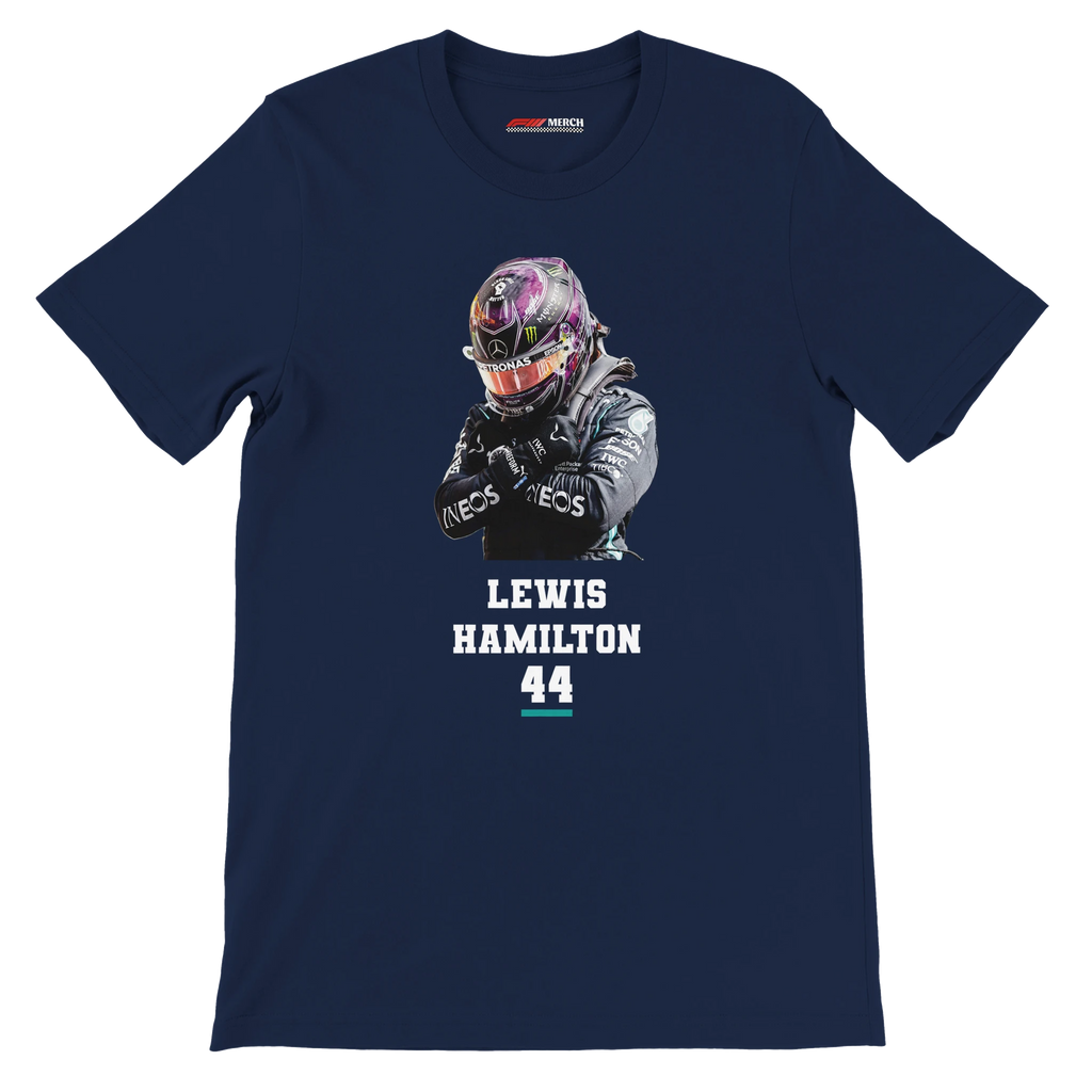 f111 merch navy color t-shirt2 with lewis-hamilton branding.