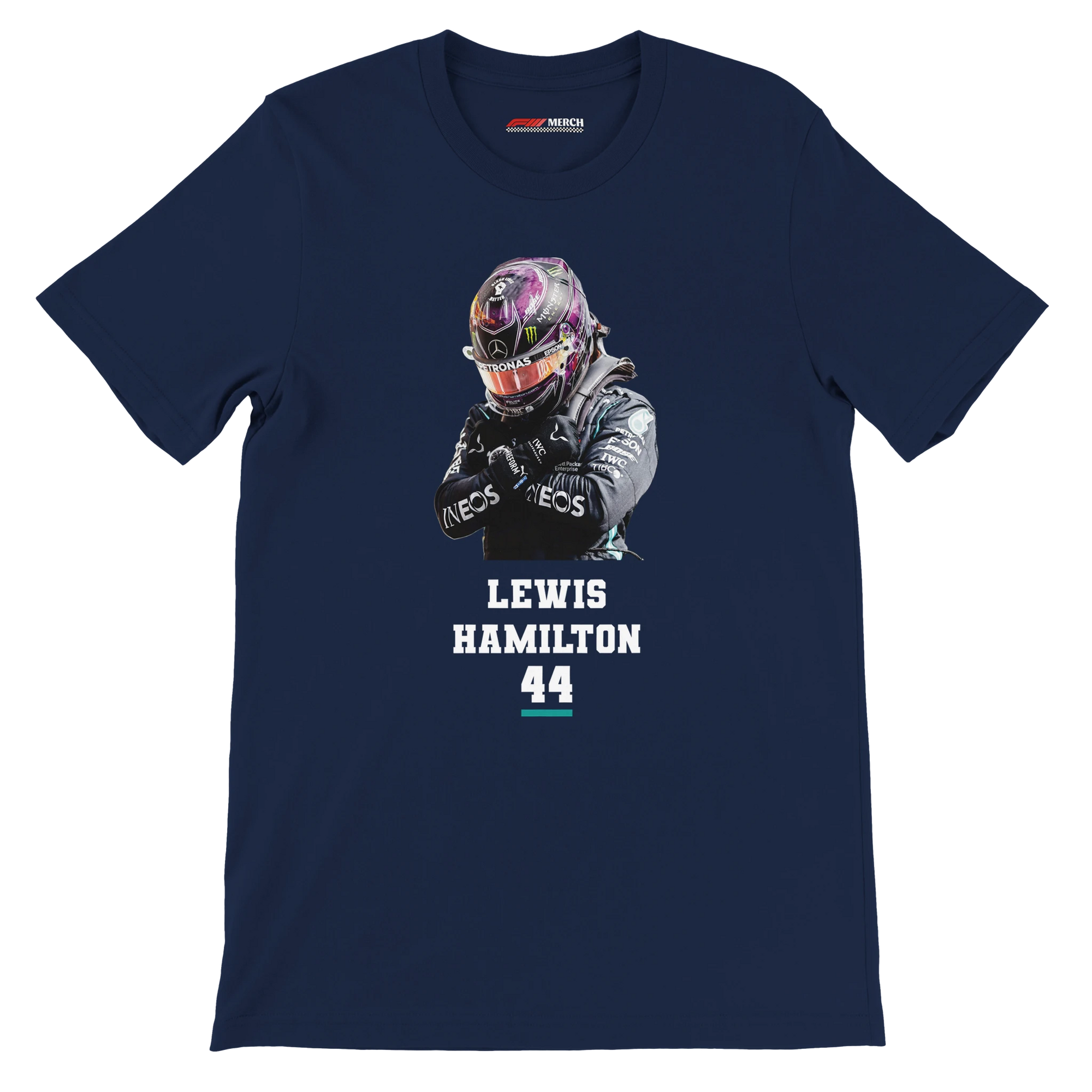f111 merch navy color t-shirt2 with lewis-hamilton branding.