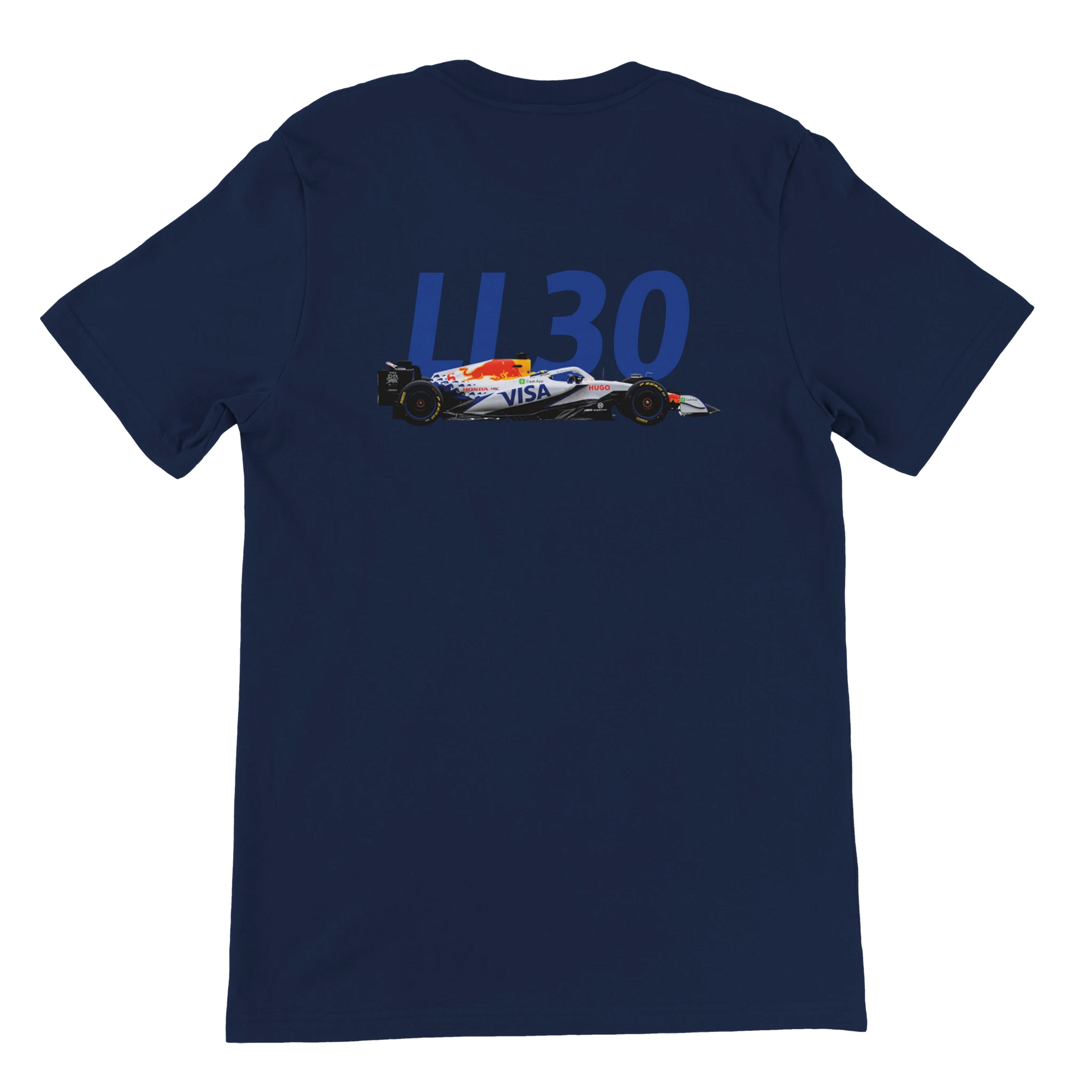f111 merch navy color t-shirt2 with liam-lawson branding.