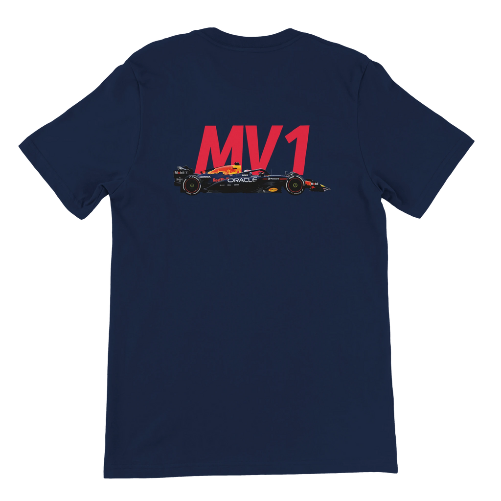 f111 merch navy color t-shirt2 with max-verstappen branding.