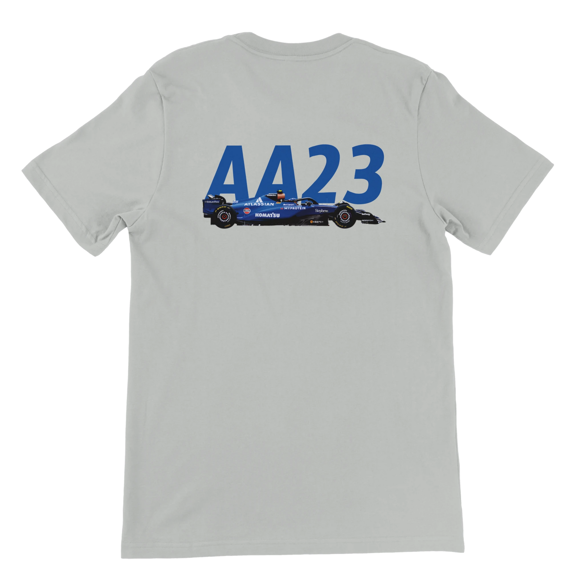 f111 merch silver color t-shirt2 with alex-albon branding.